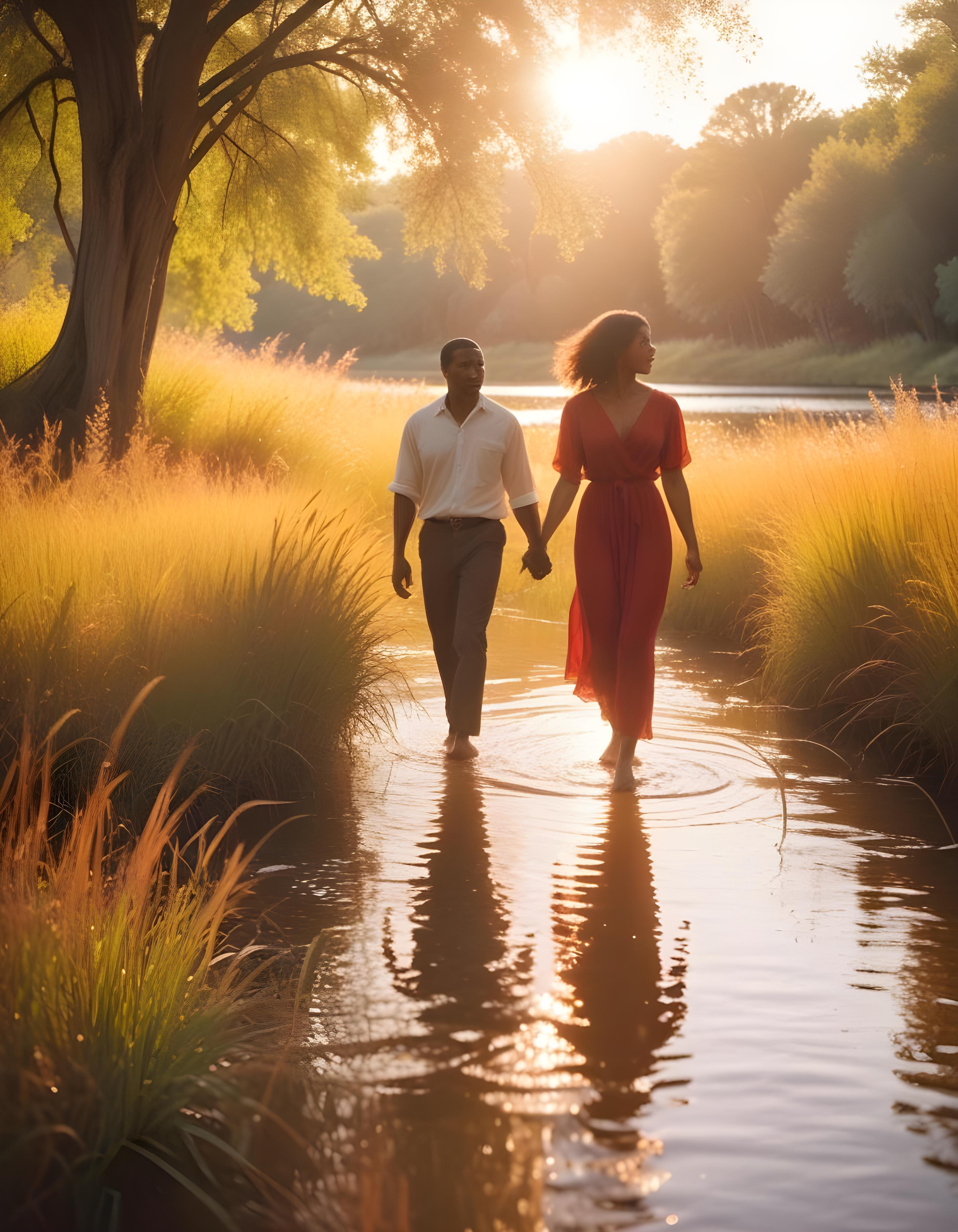 Romantic Couple Walking Together in Nature at Sunset and Moonlight Background