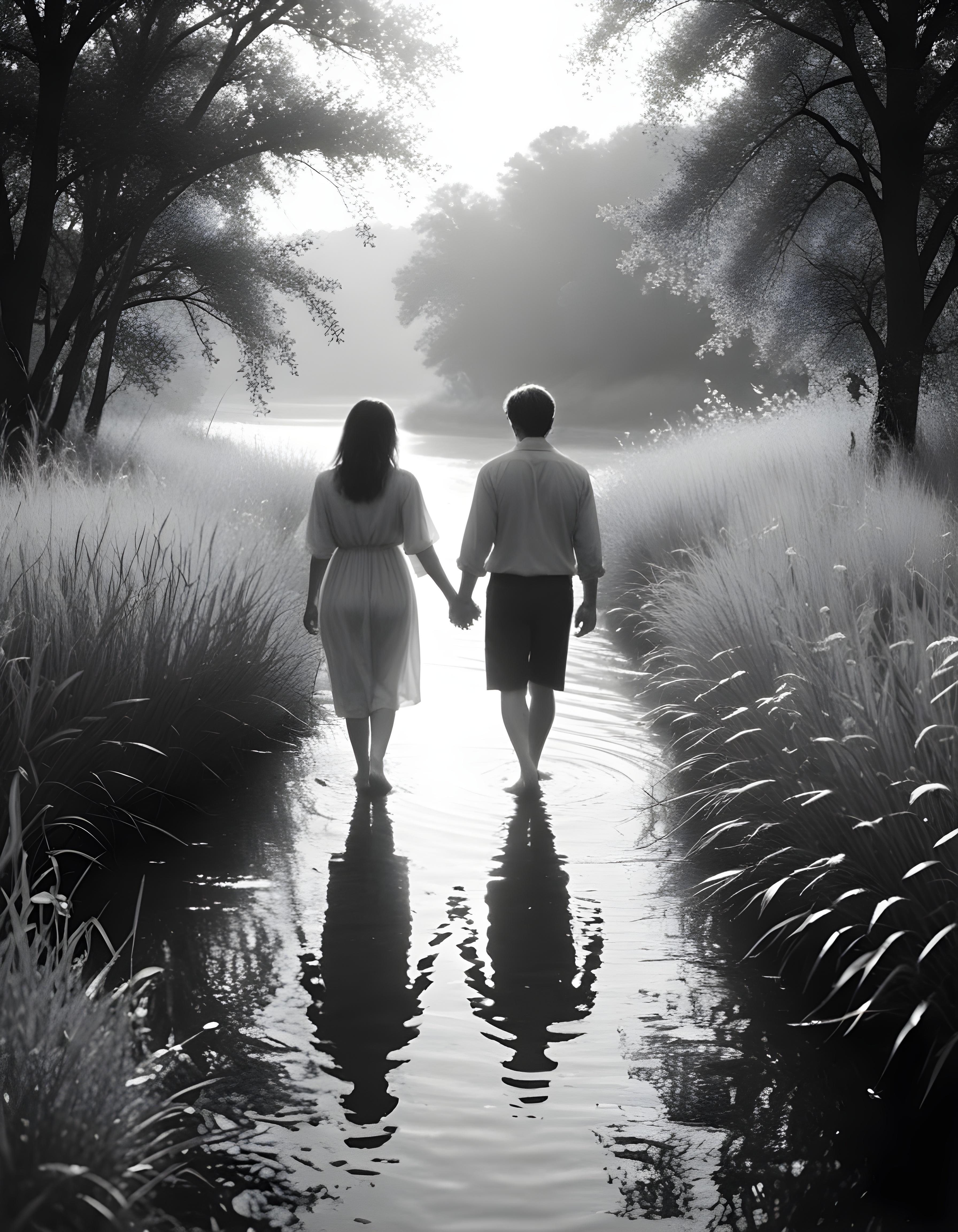 Romantic Couple Walking Together in Nature at Sunset and Moonlight Background