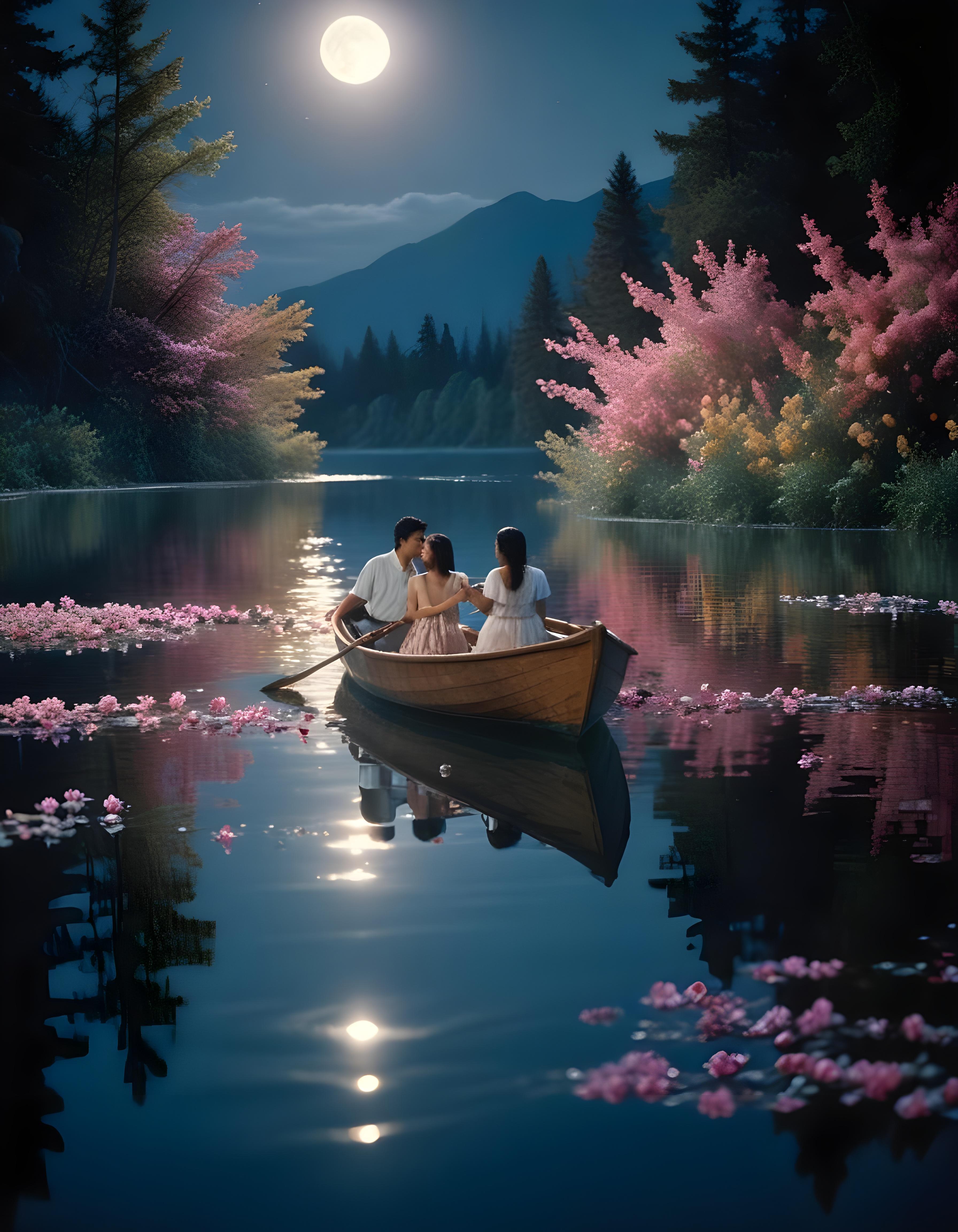 Romantic Couple Walking Together in Nature at Sunset and Moonlight Background