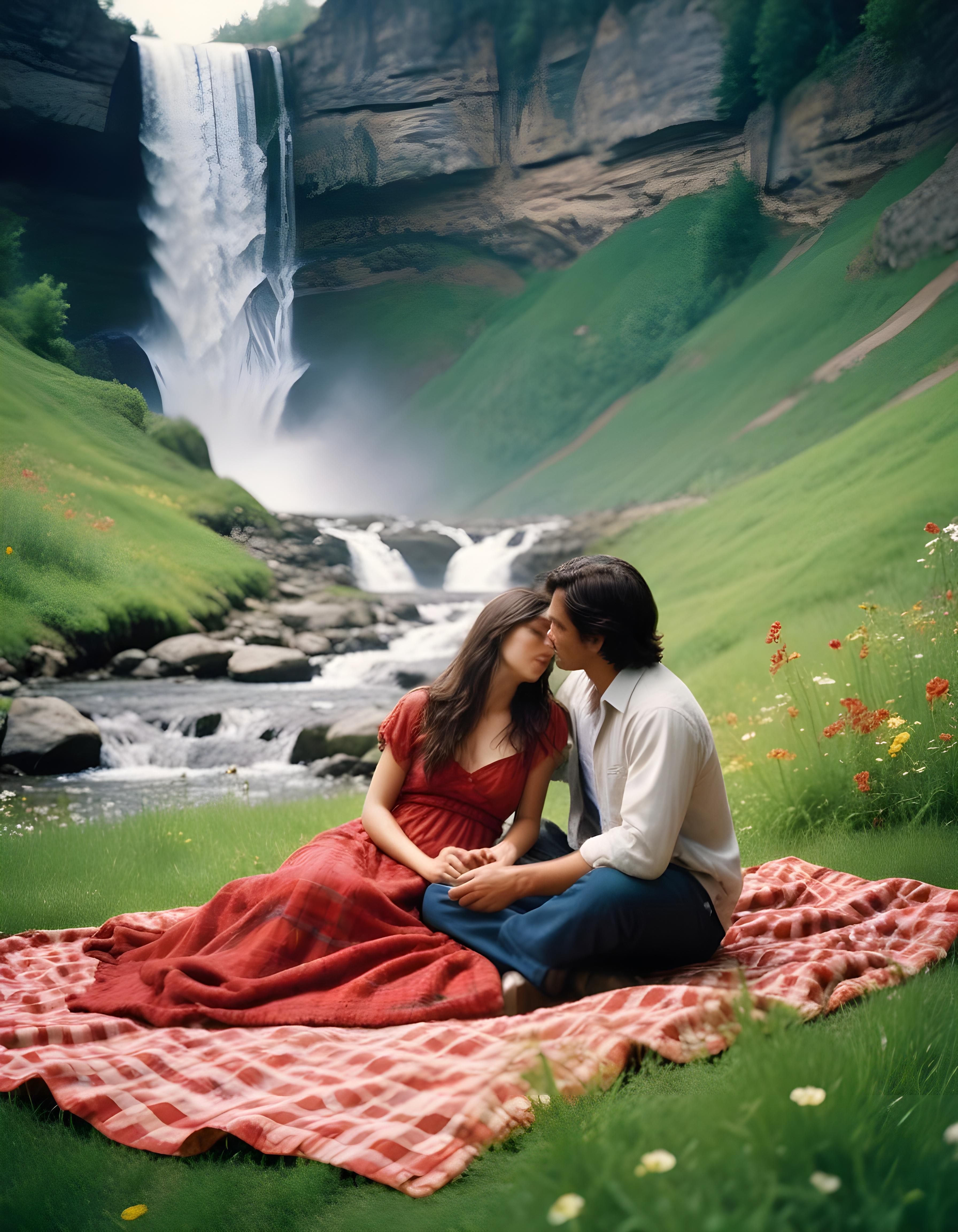Romantic Couple Walking Together in Nature at Sunset and Moonlight Background
