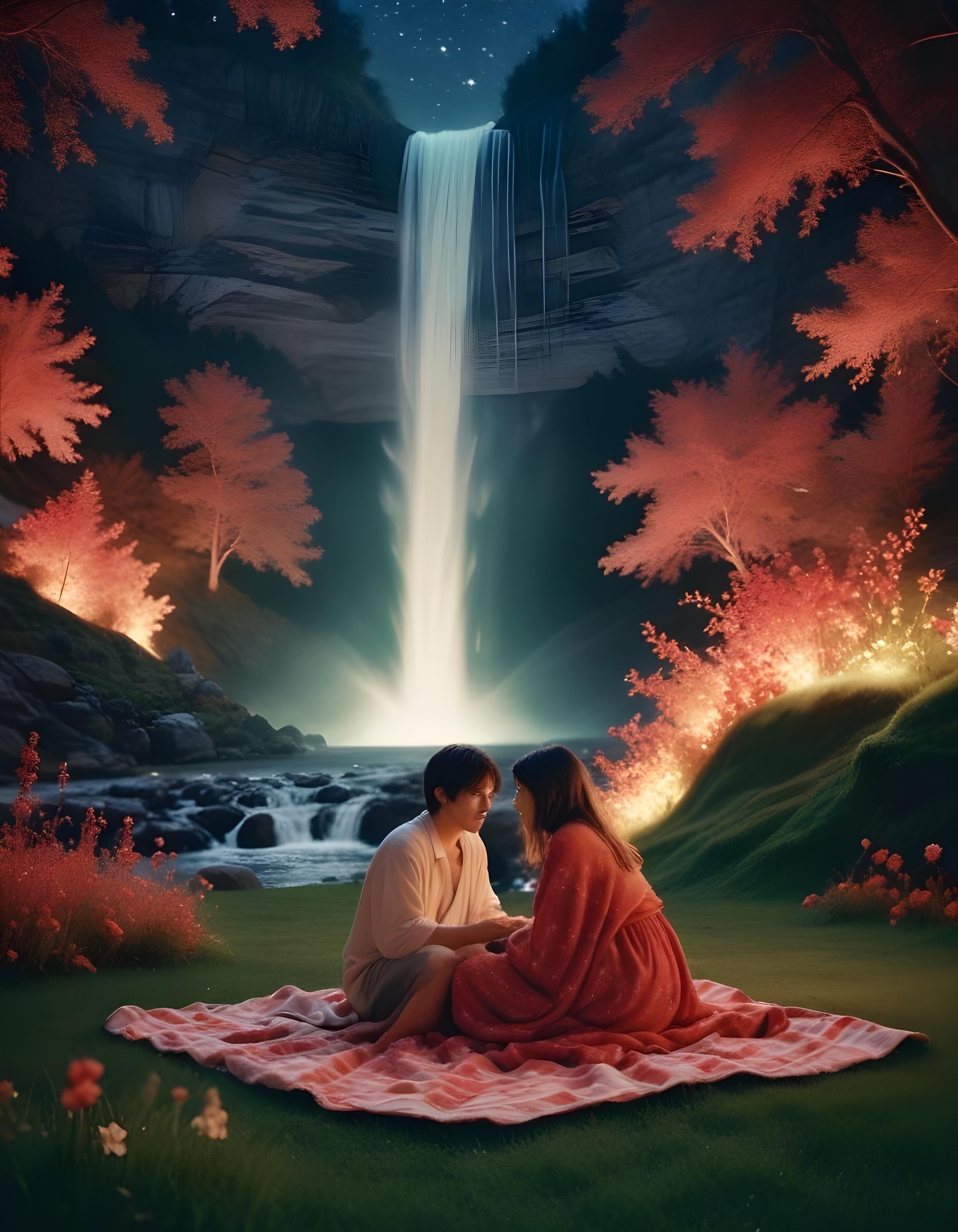 Romantic Couple Walking Together in Nature at Sunset and Moonlight Background
