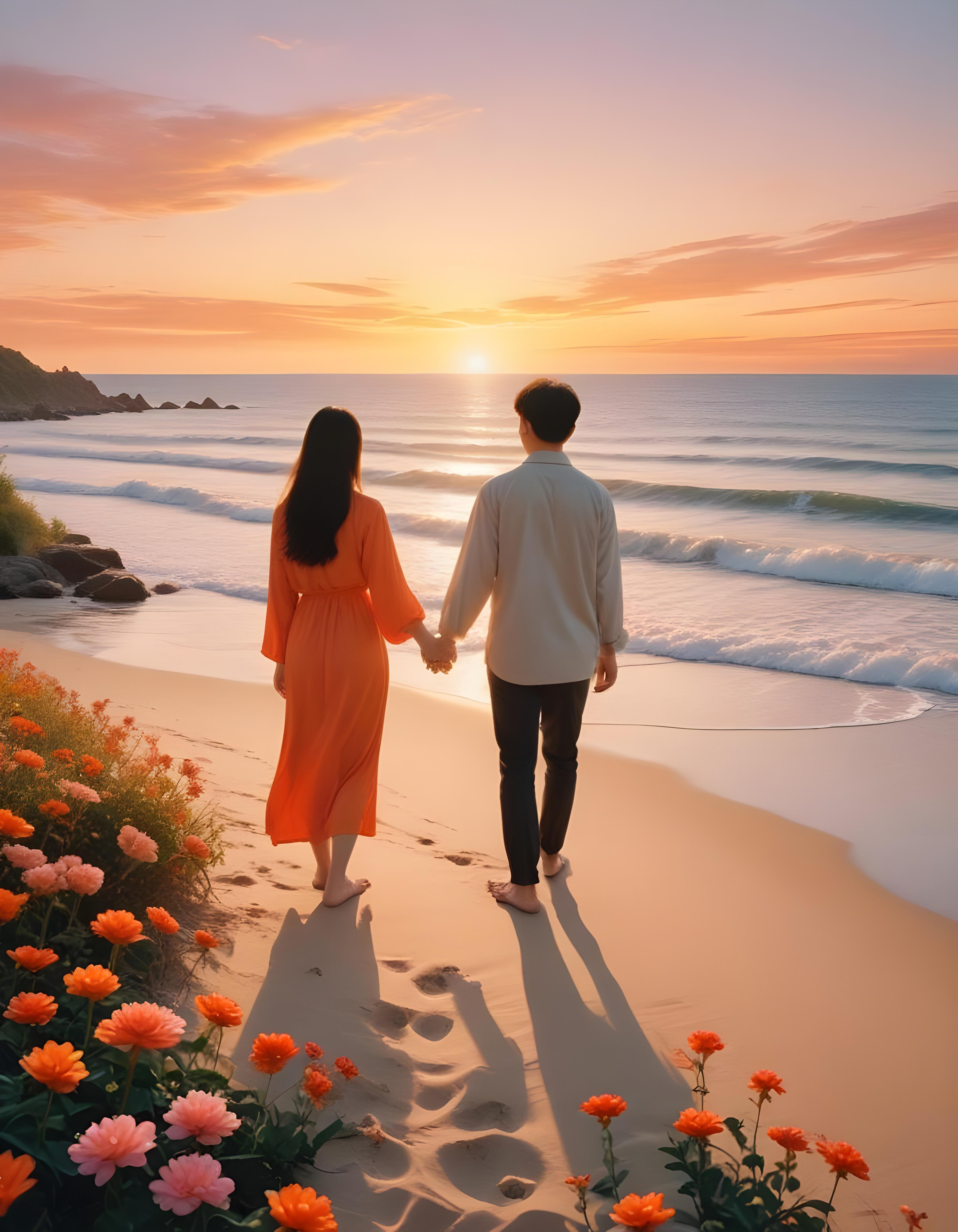Romantic Couple Walking Together in Nature at Sunset and Moonlight Background