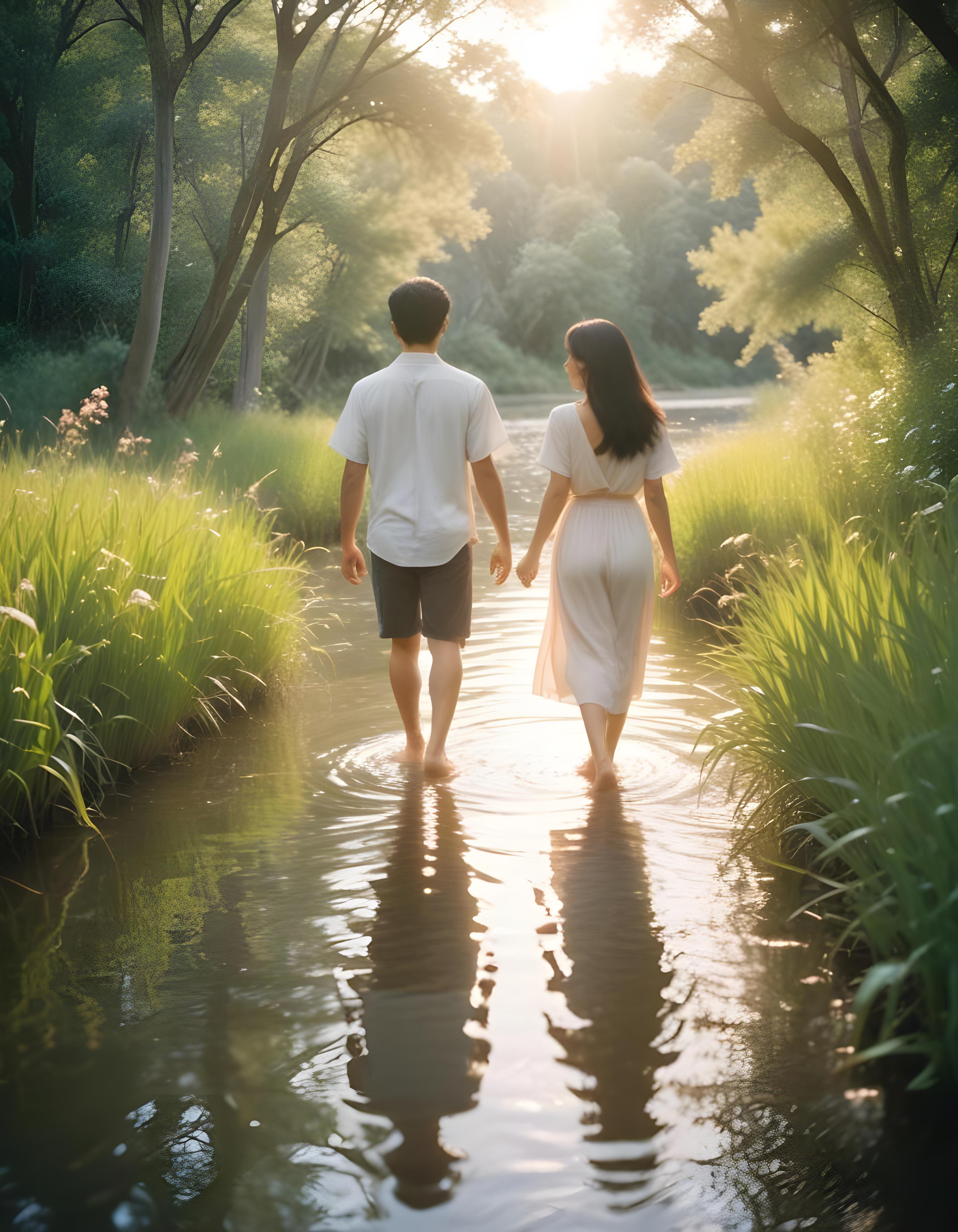 Romantic Couple Walking Together in Nature at Sunset and Moonlight Background