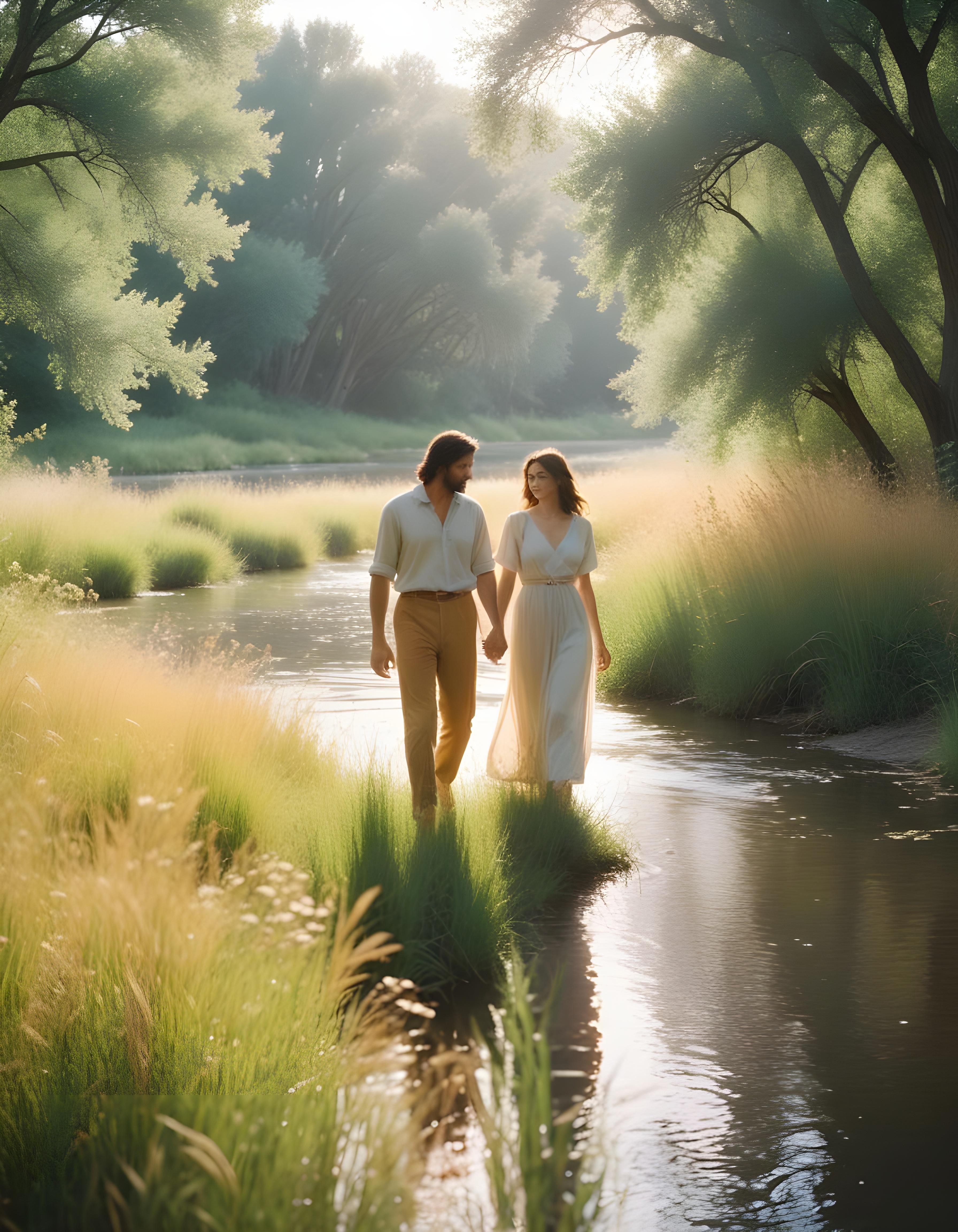 Romantic Couple Walking Together in Nature at Sunset and Moonlight Background