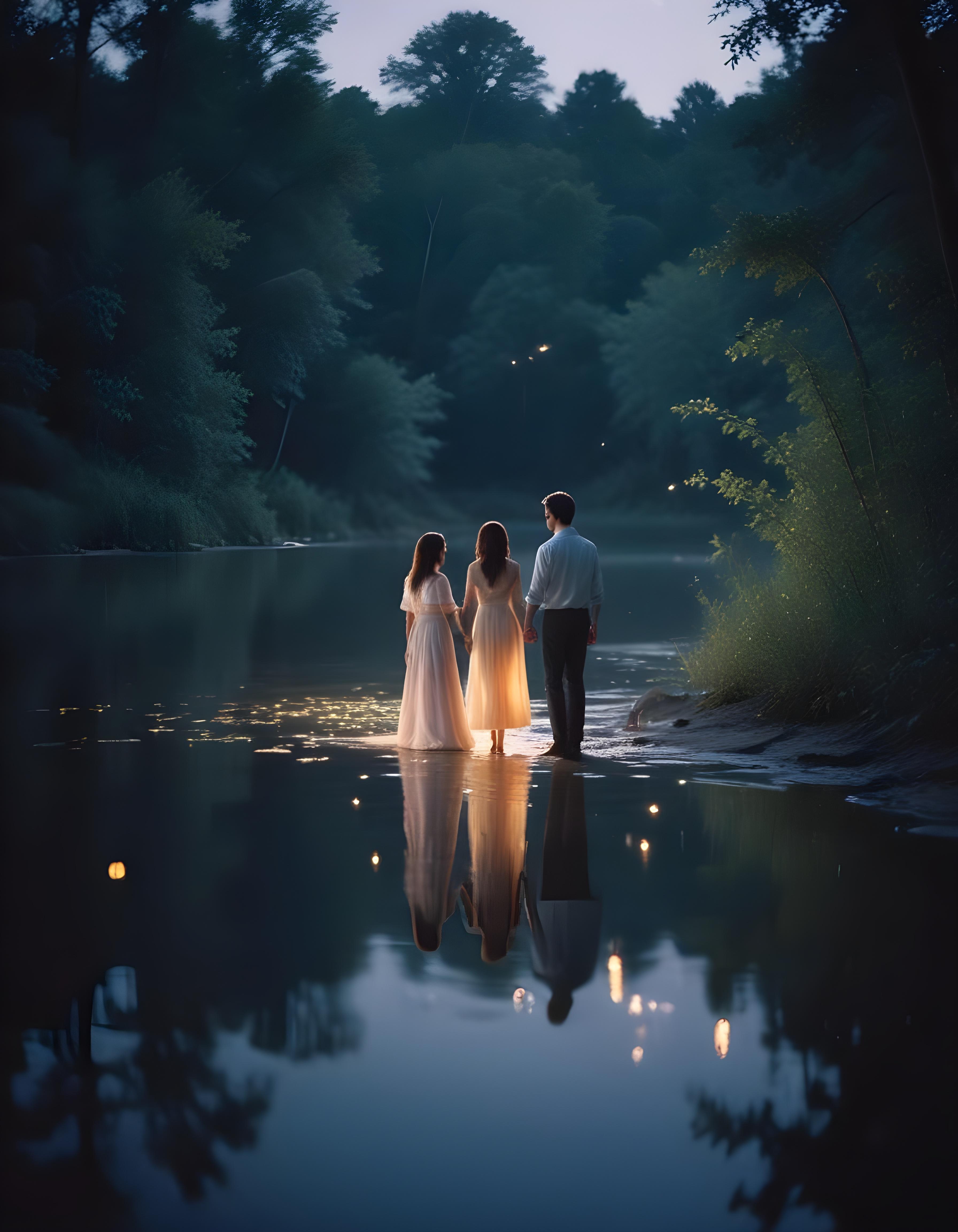 Romantic Couple Walking Together in Nature at Sunset and Moonlight Background