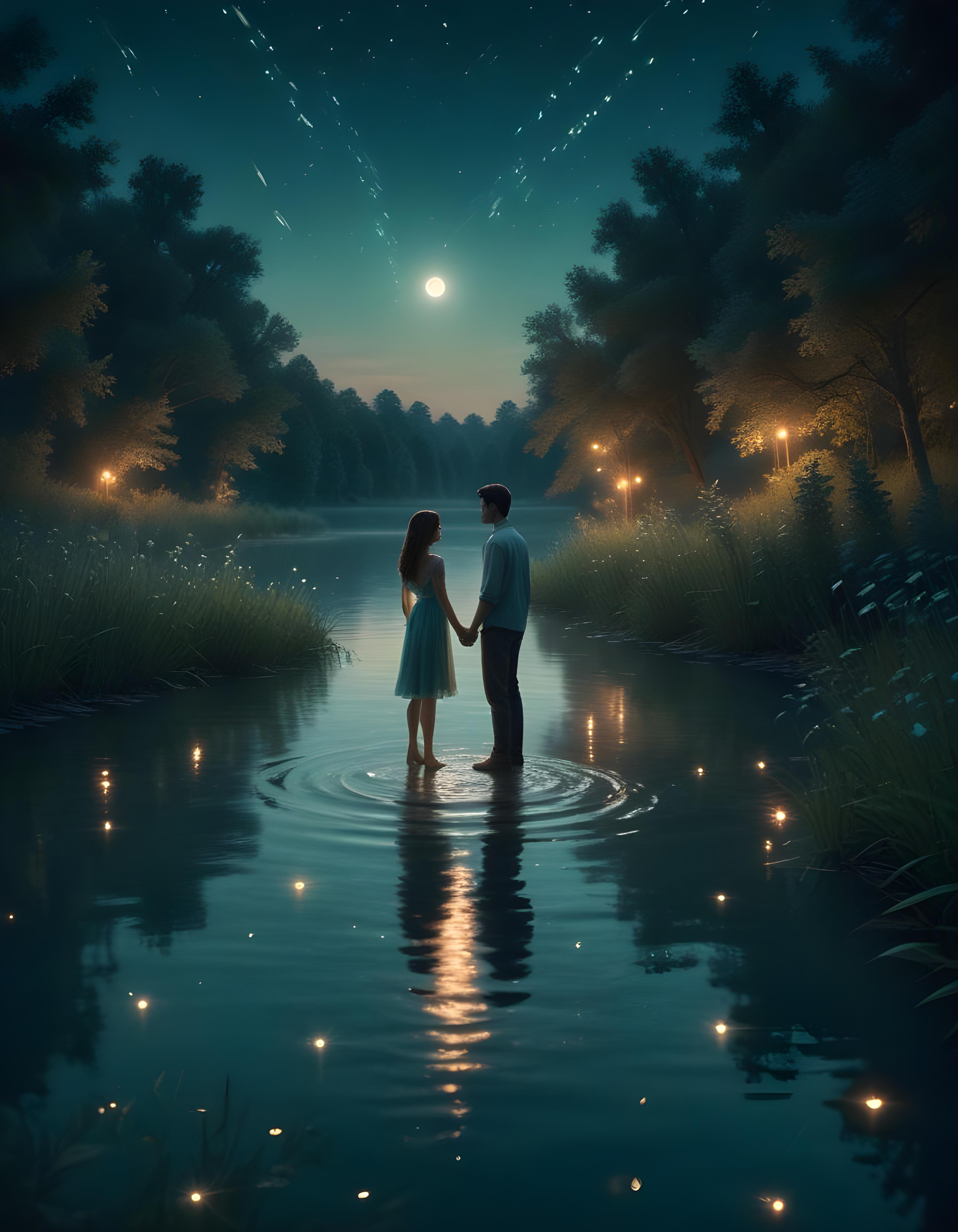 Romantic Couple Walking Together in Nature at Sunset and Moonlight Background