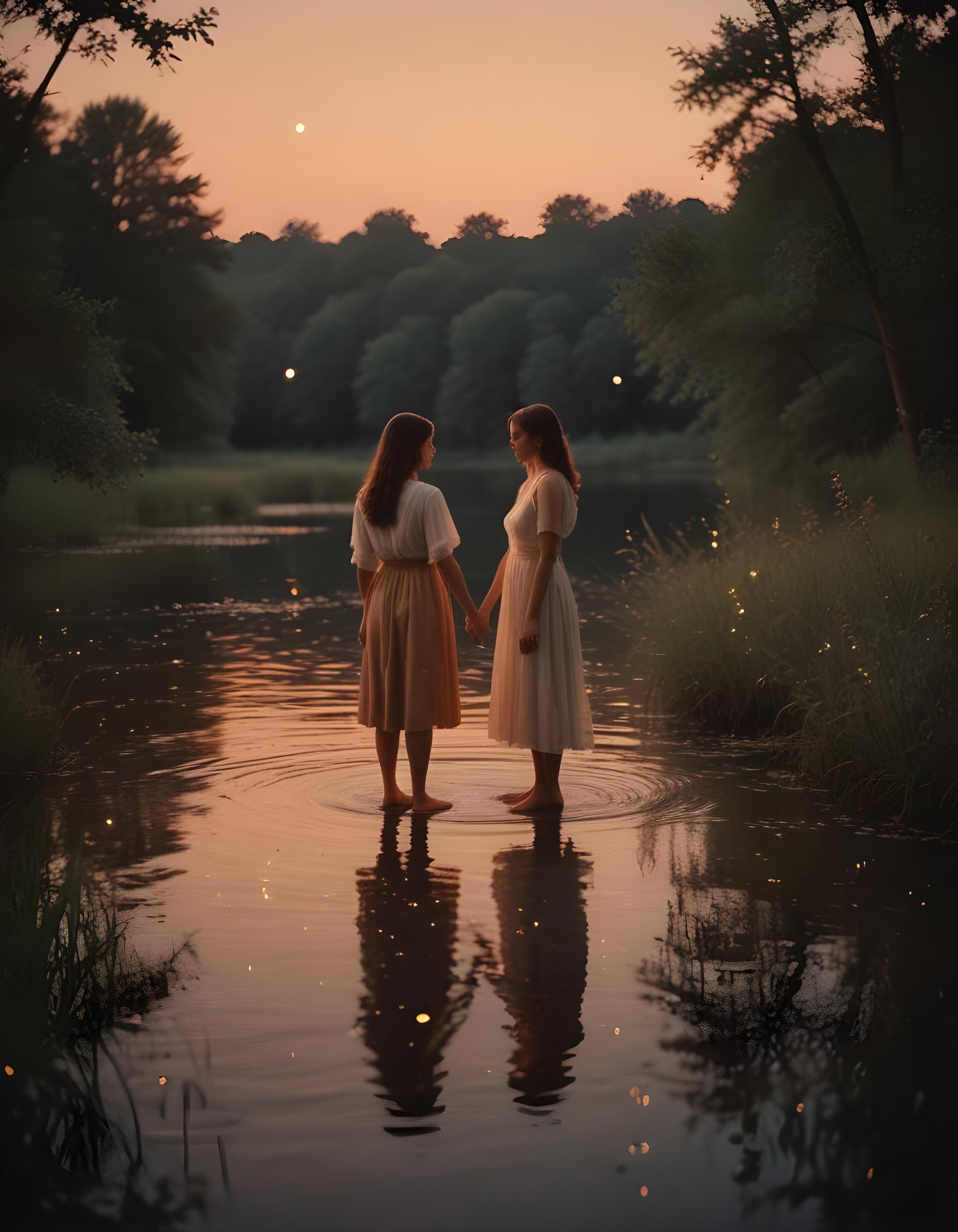 Romantic Couple Walking Together in Nature at Sunset and Moonlight Background