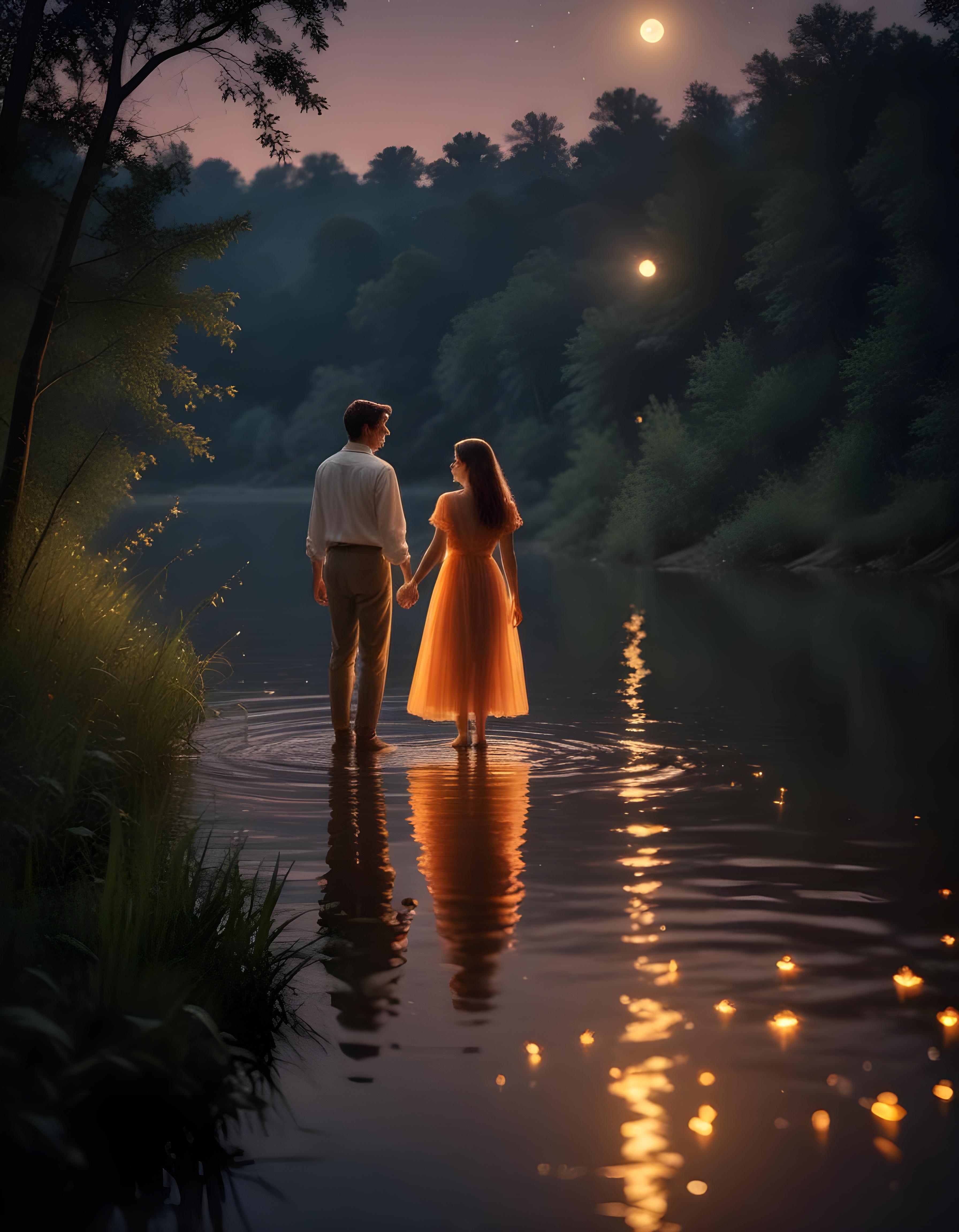 Romantic Couple Walking Together in Nature at Sunset and Moonlight Background
