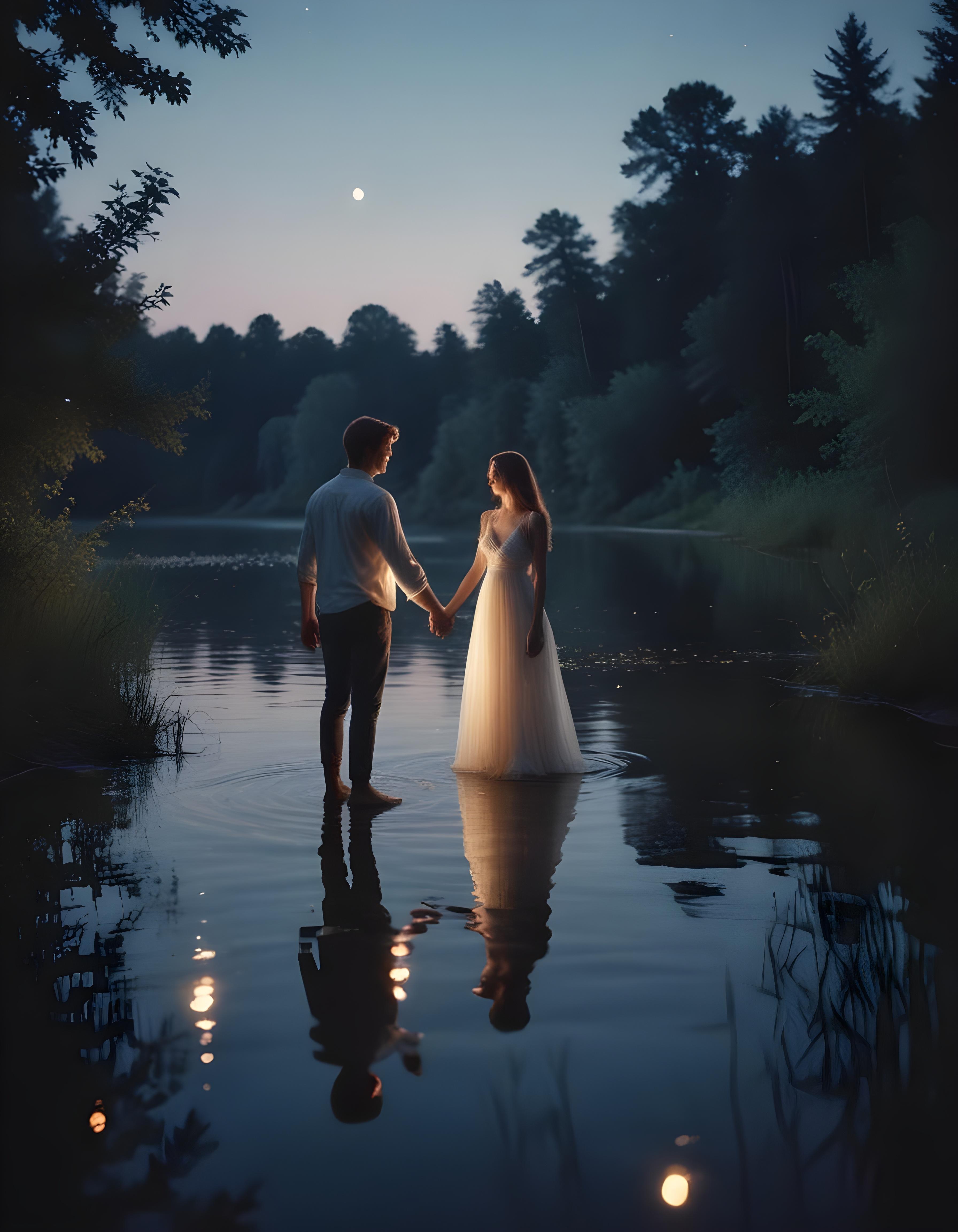 Romantic Couple Walking Together in Nature at Sunset and Moonlight Background