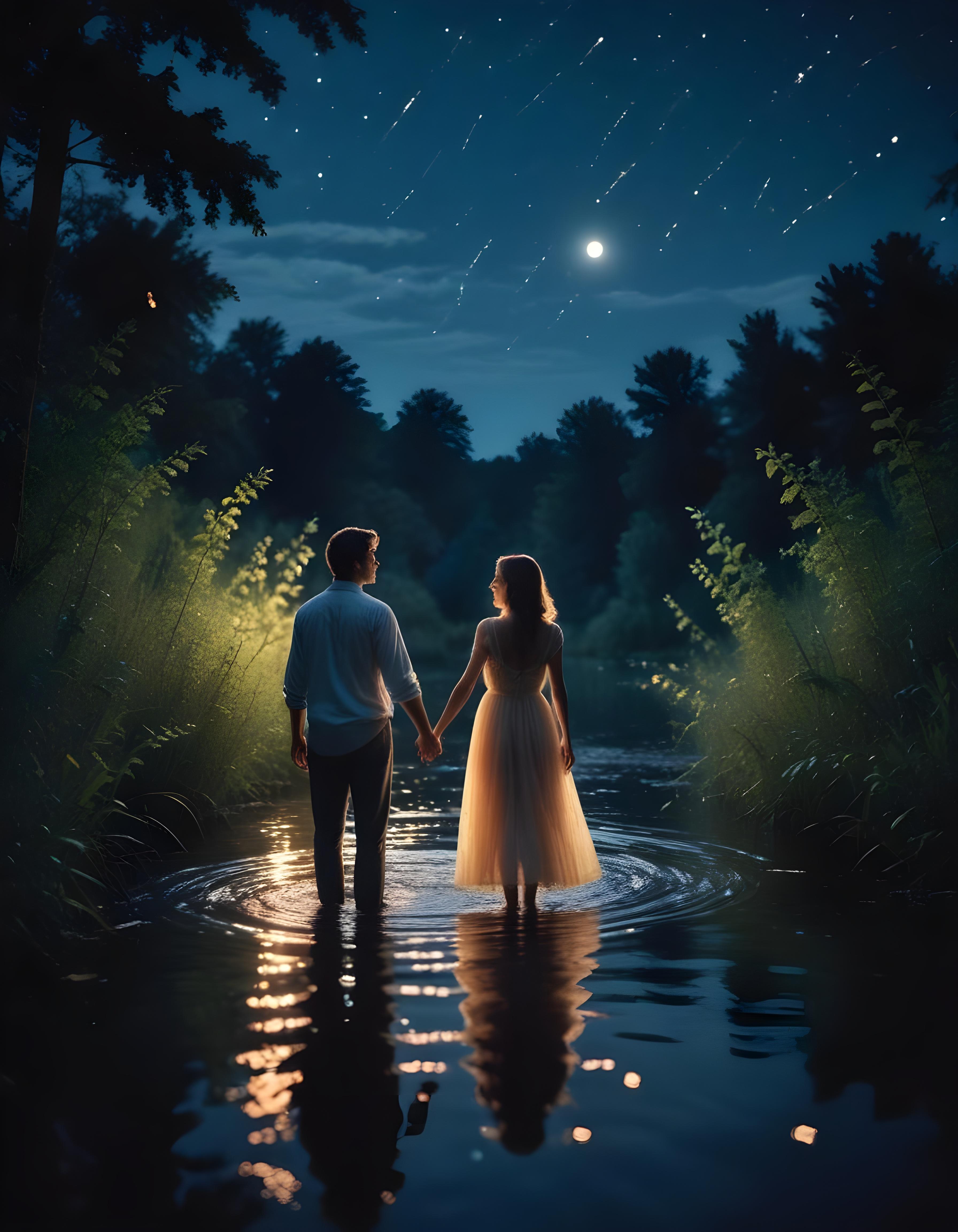 Romantic Couple Walking Together in Nature at Sunset and Moonlight Background