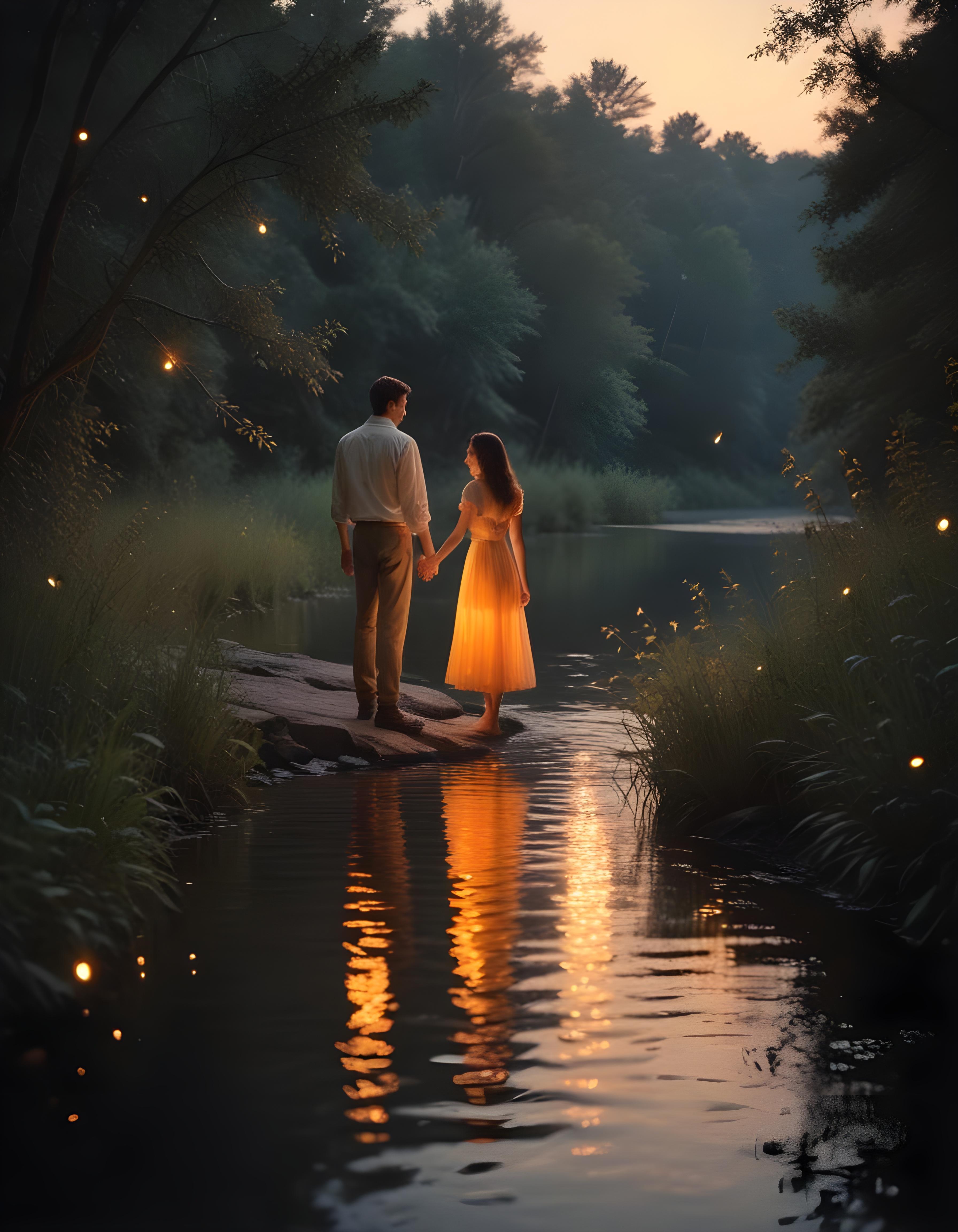 Romantic Couple Walking Together in Nature at Sunset and Moonlight Background