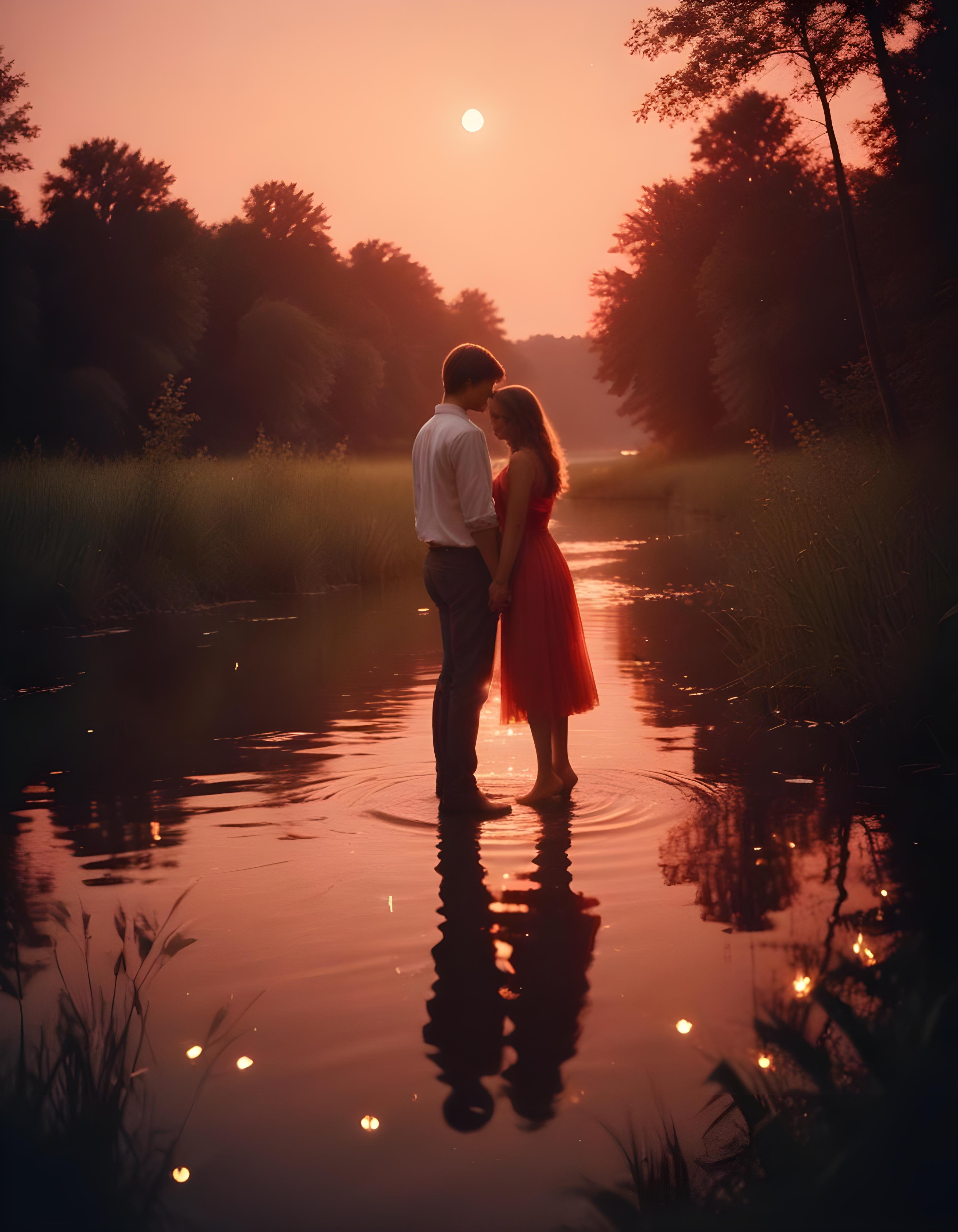 Romantic Couple Walking Together in Nature at Sunset and Moonlight Background