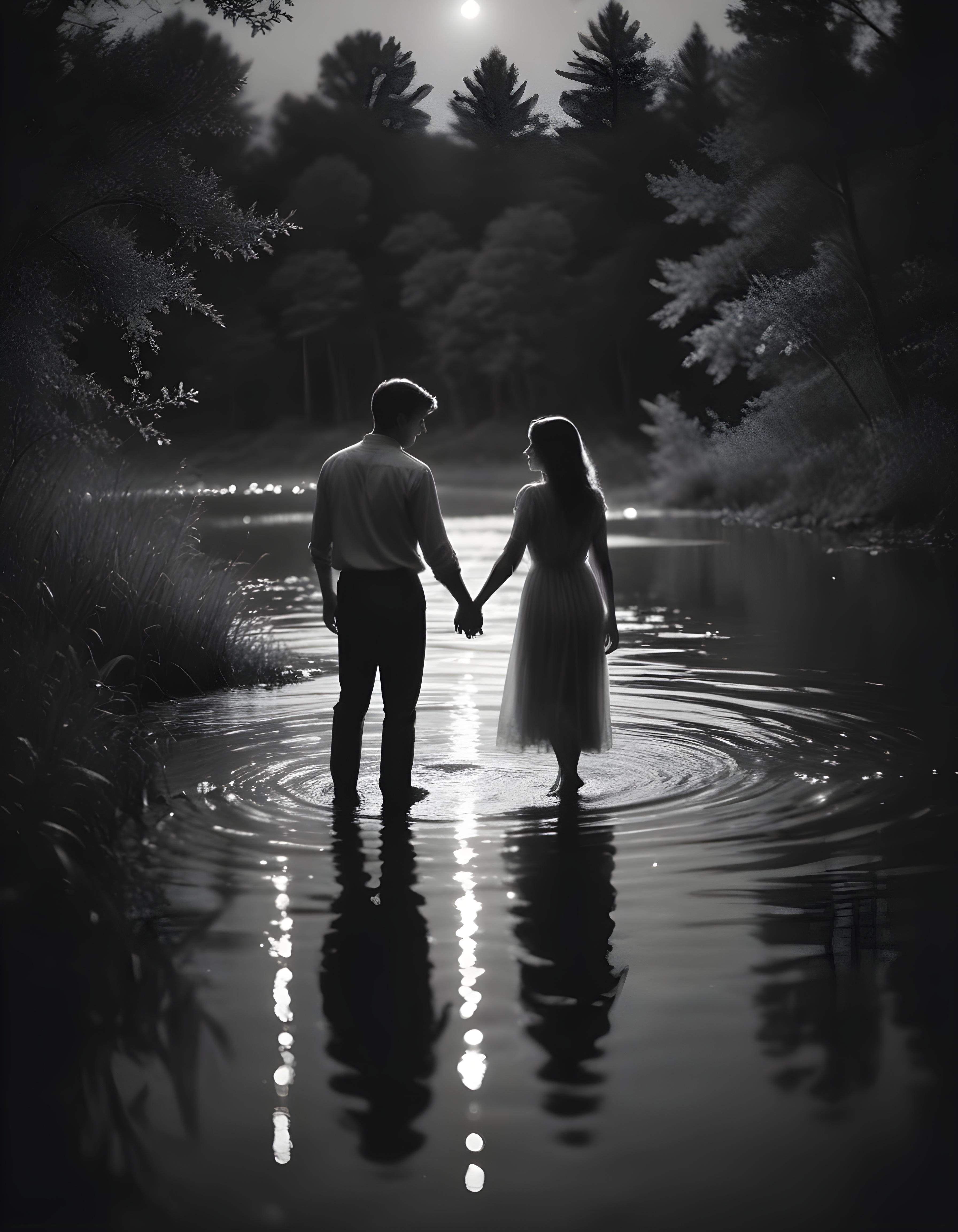 Romantic Couple Walking Together in Nature at Sunset and Moonlight Background