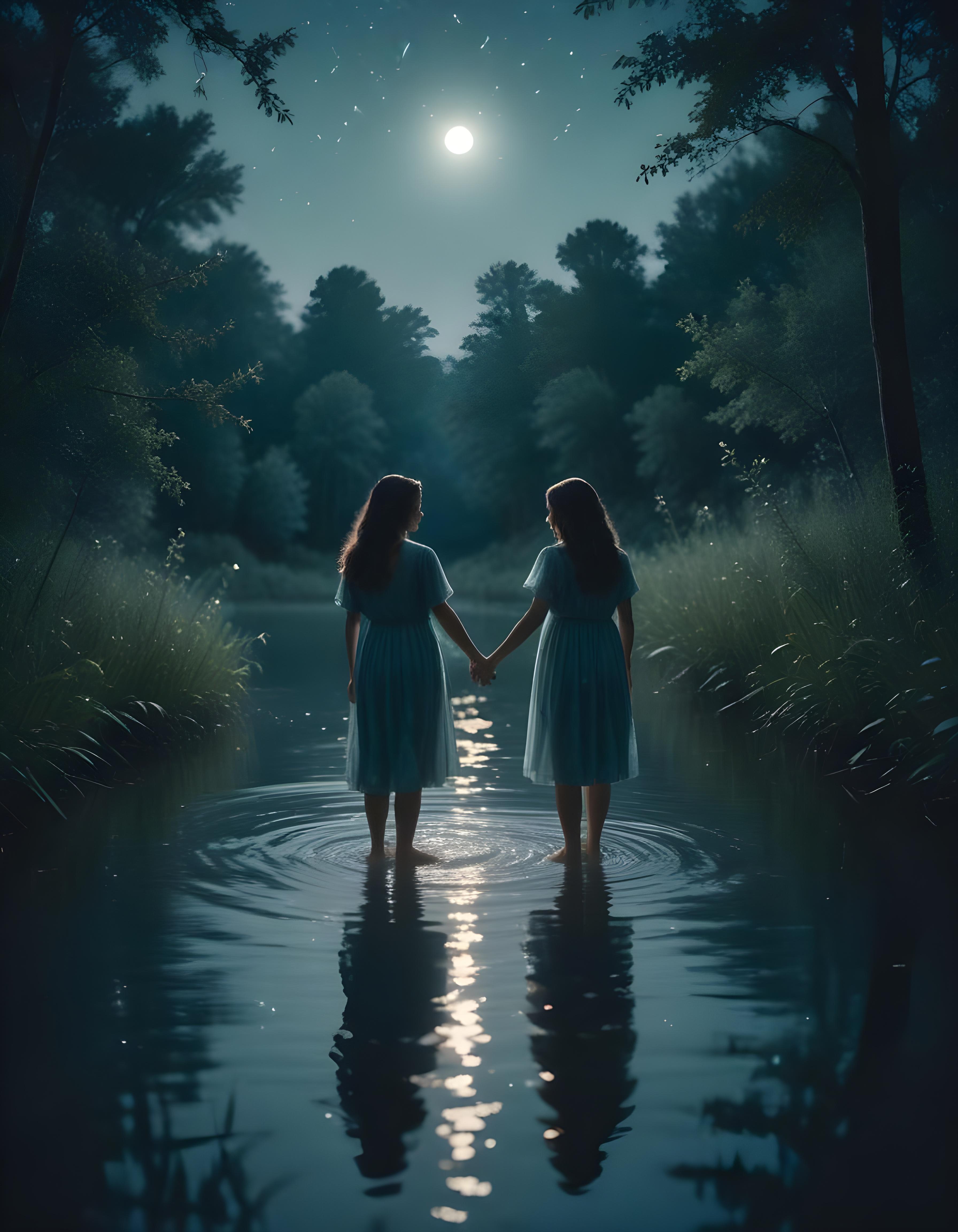 Romantic Couple Walking Together in Nature at Sunset and Moonlight Background