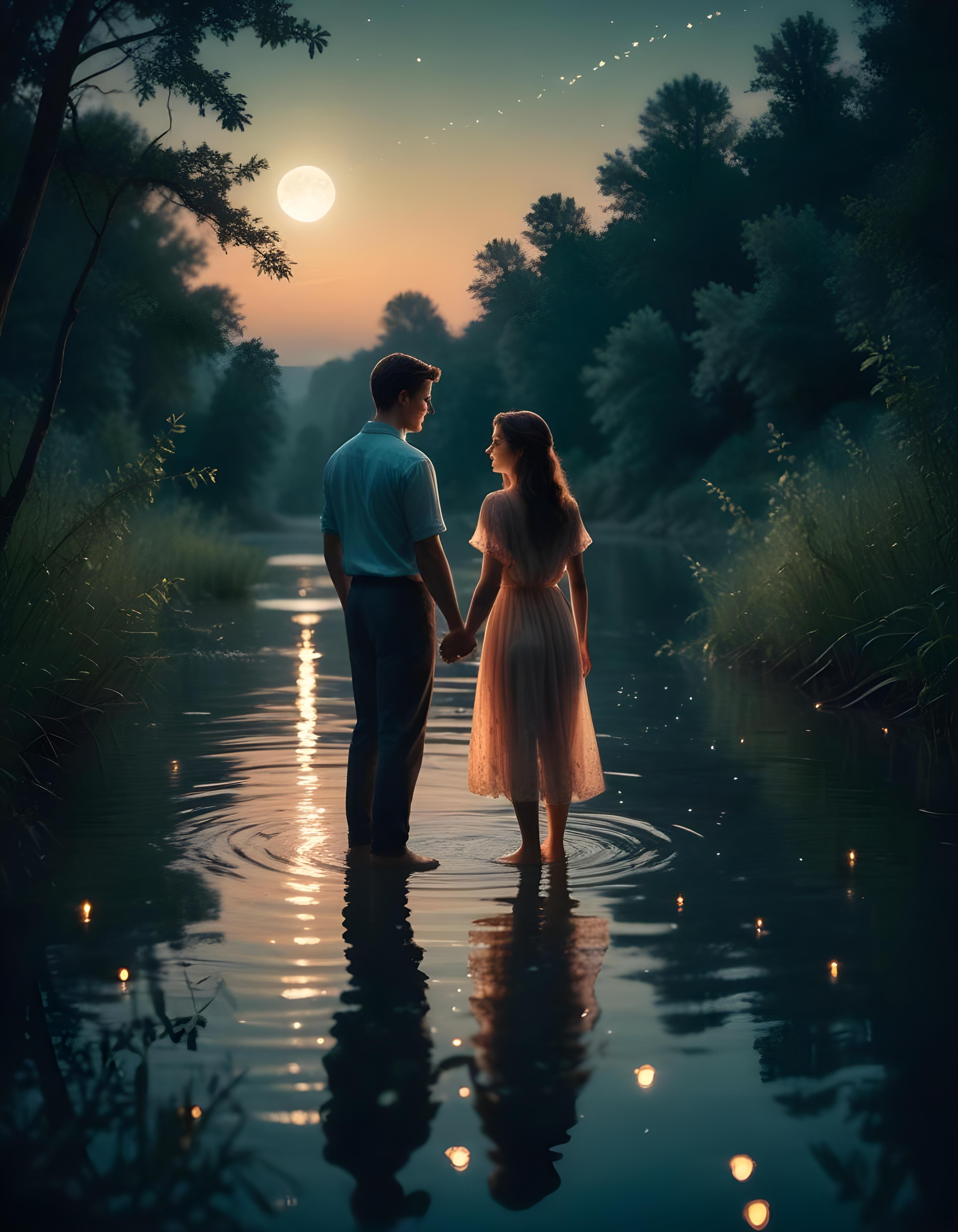 Romantic Couple Walking Together in Nature at Sunset and Moonlight Background