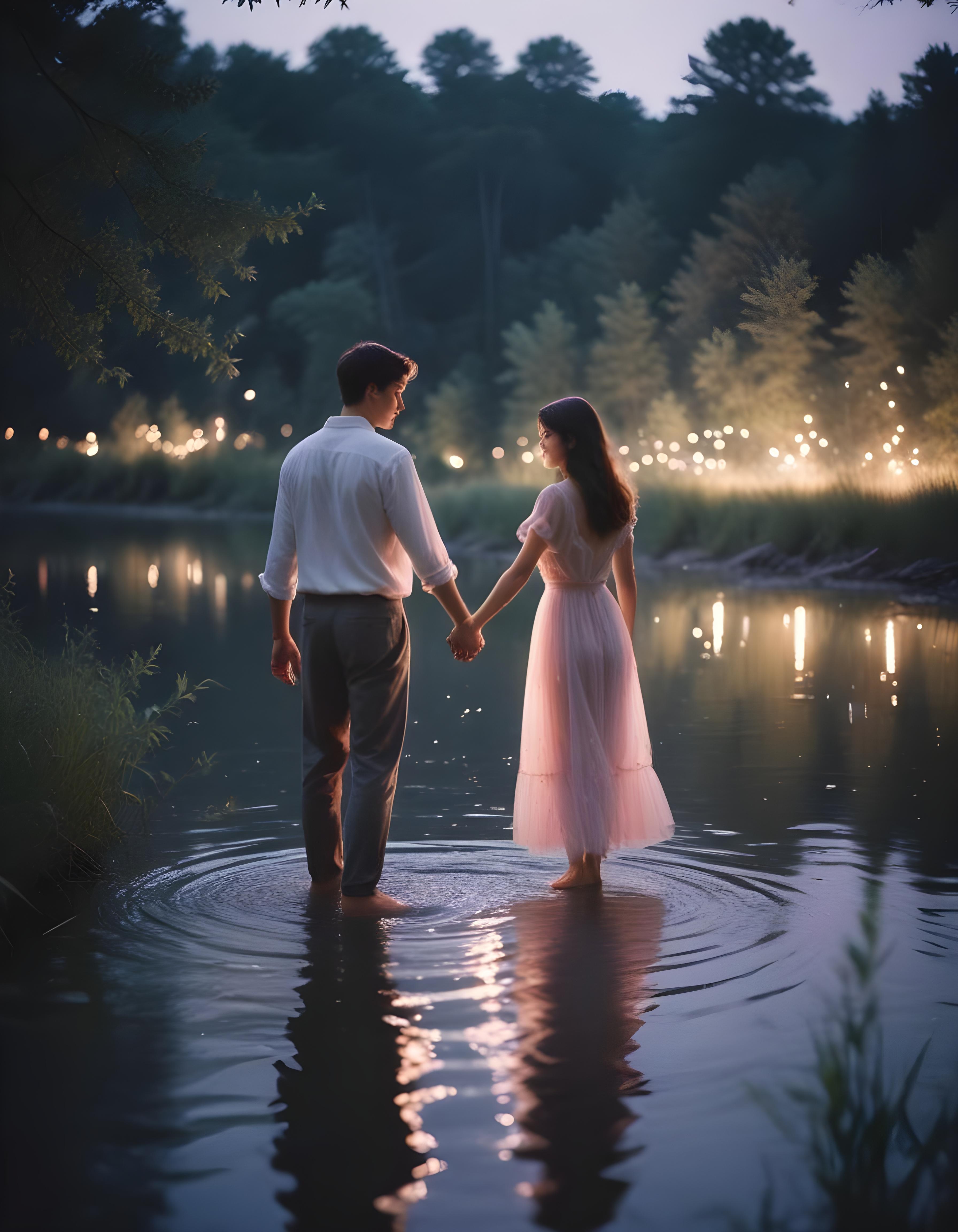 Romantic Couple Walking Together in Nature at Sunset and Moonlight Background