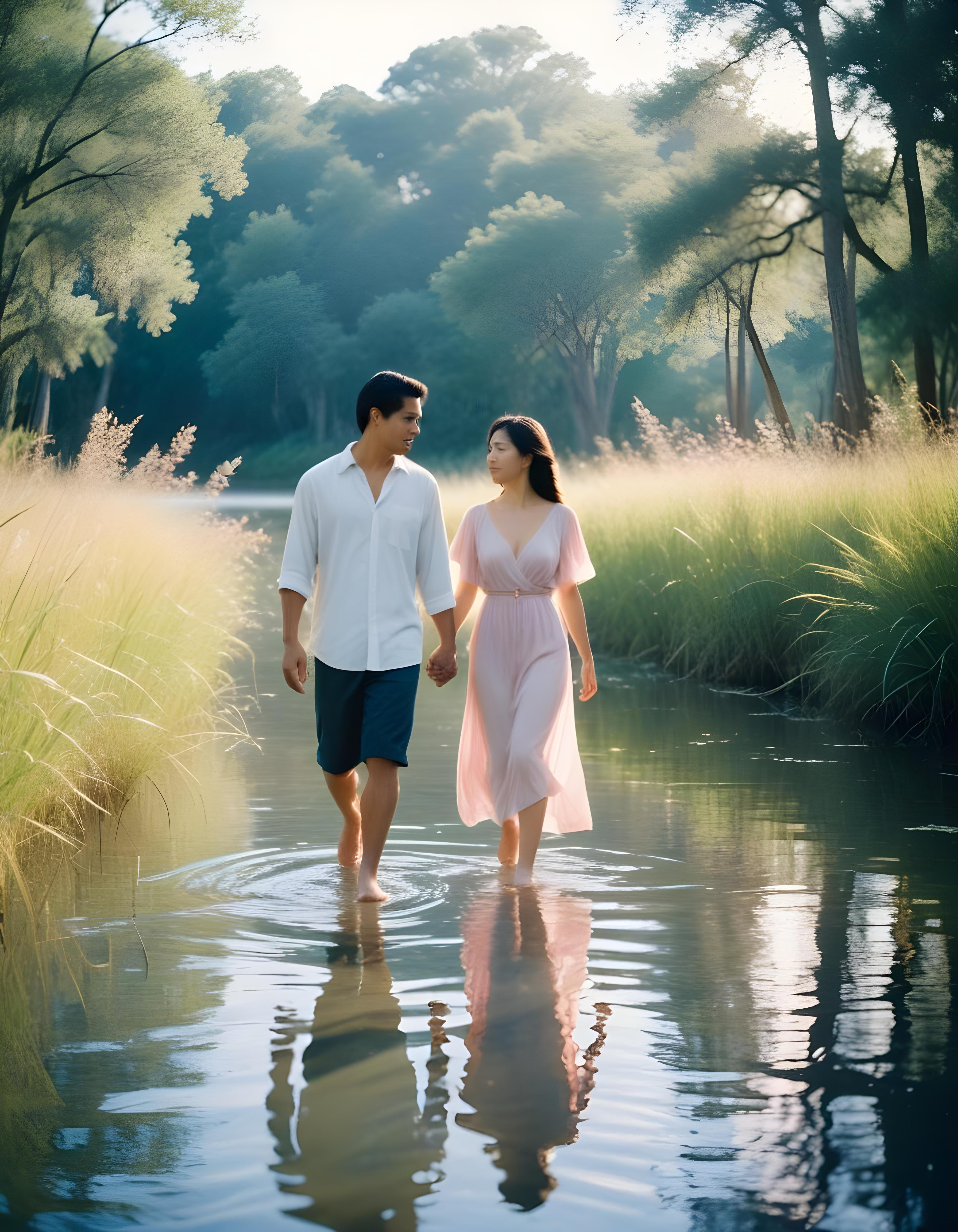 Romantic Couple Walking Together in Nature at Sunset and Moonlight Background