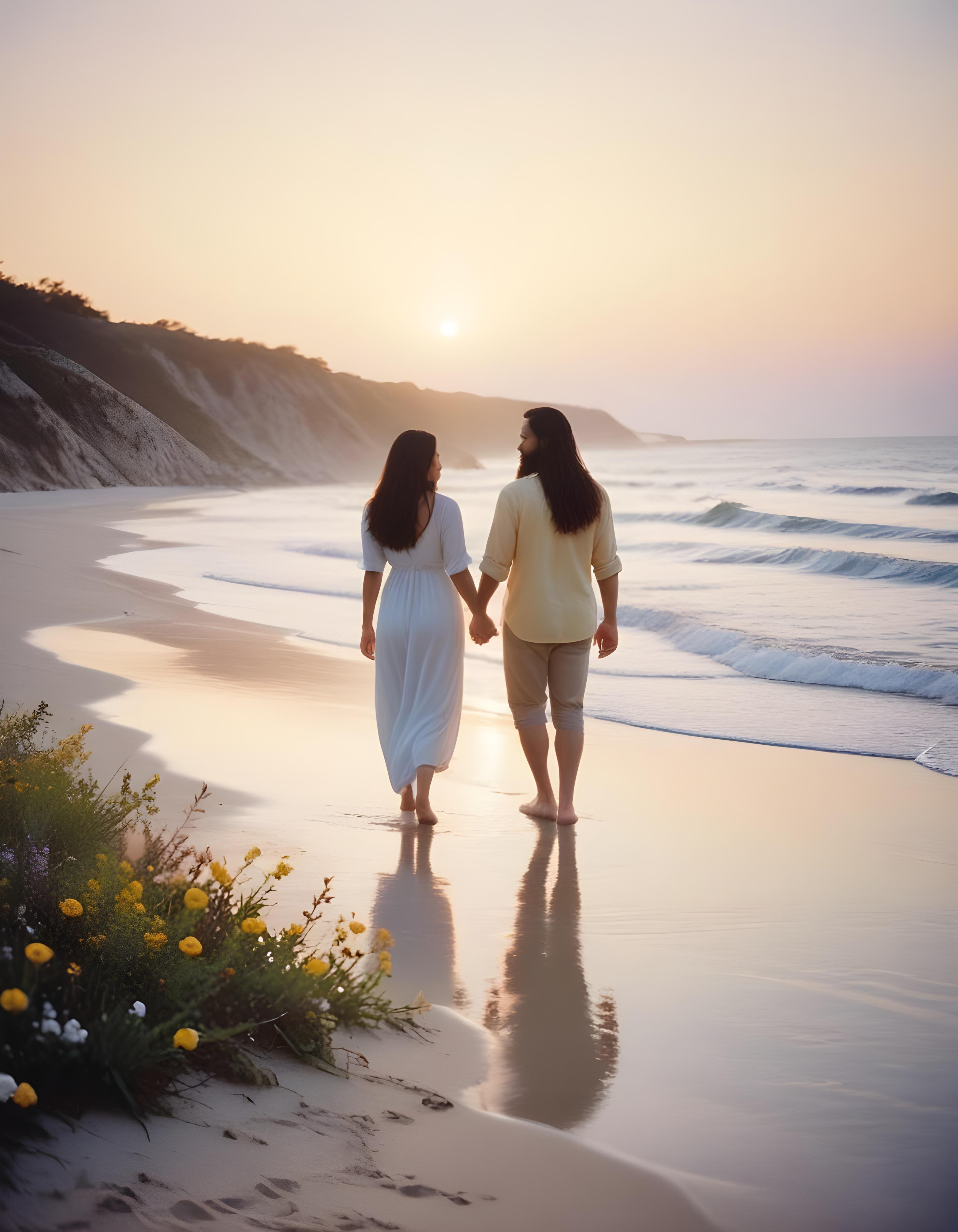 Romantic Couple Walking Together in Nature at Sunset and Moonlight Background