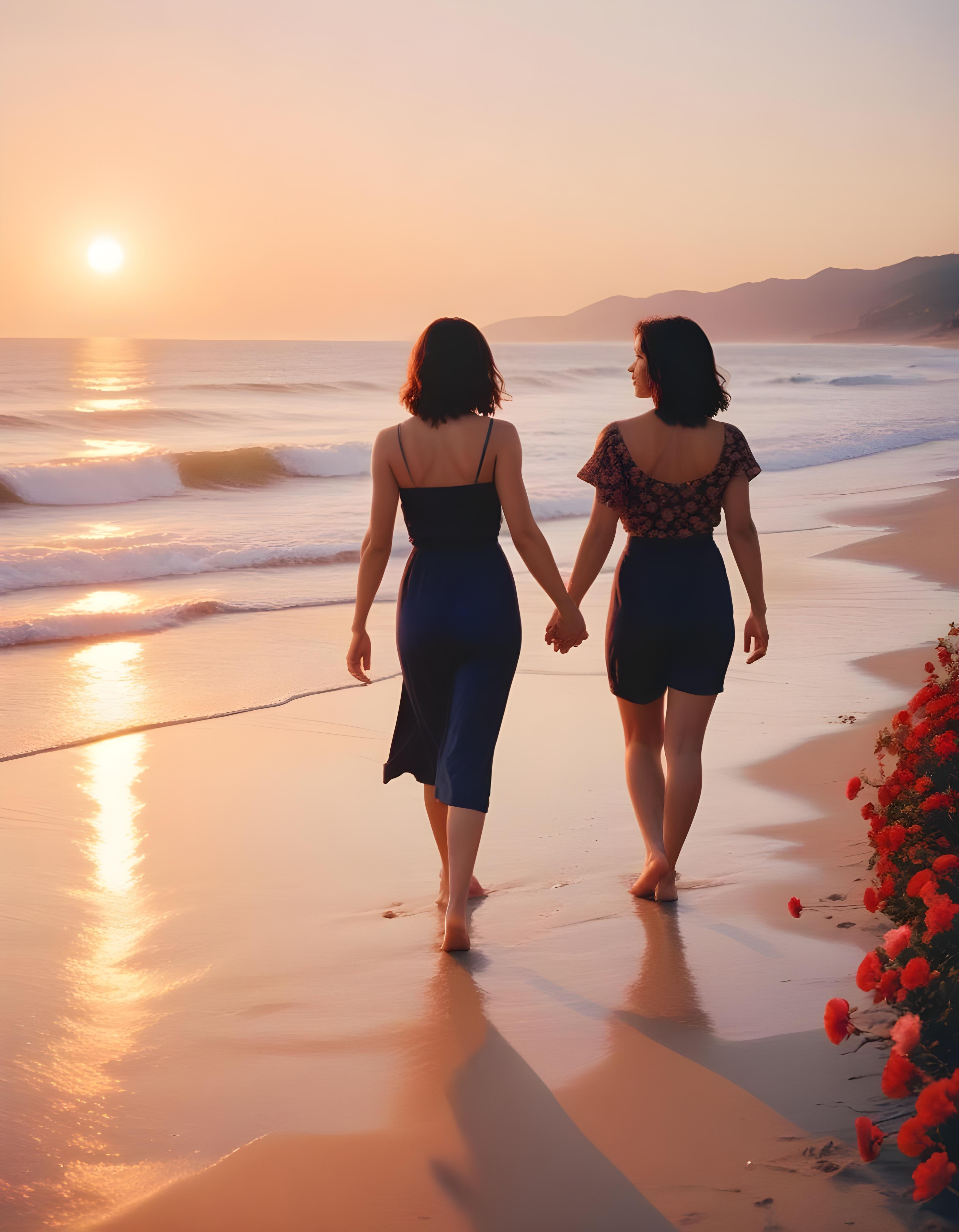 Romantic Couple Walking Together in Nature at Sunset and Moonlight Background