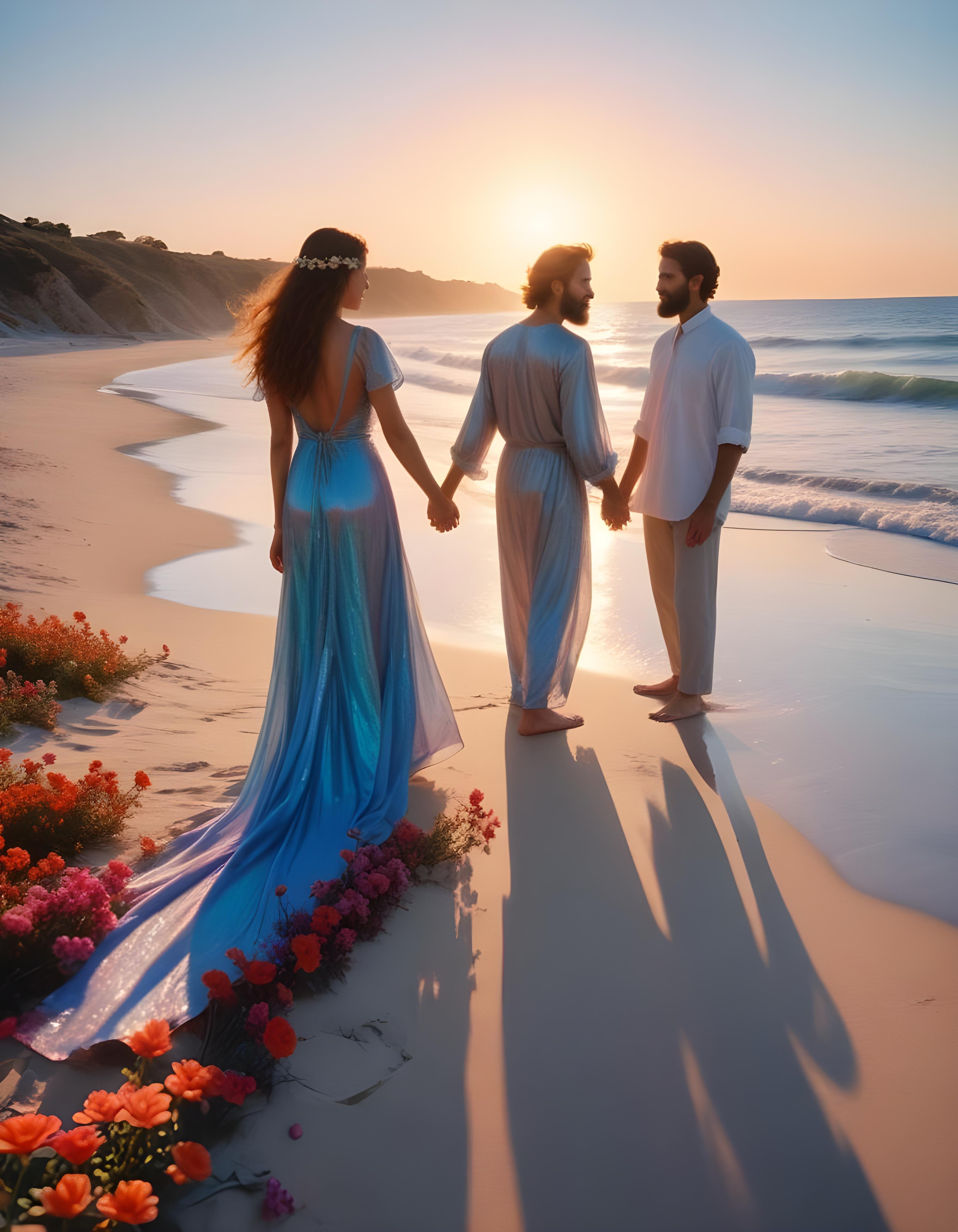 Romantic Couple Walking Together in Nature at Sunset and Moonlight Background