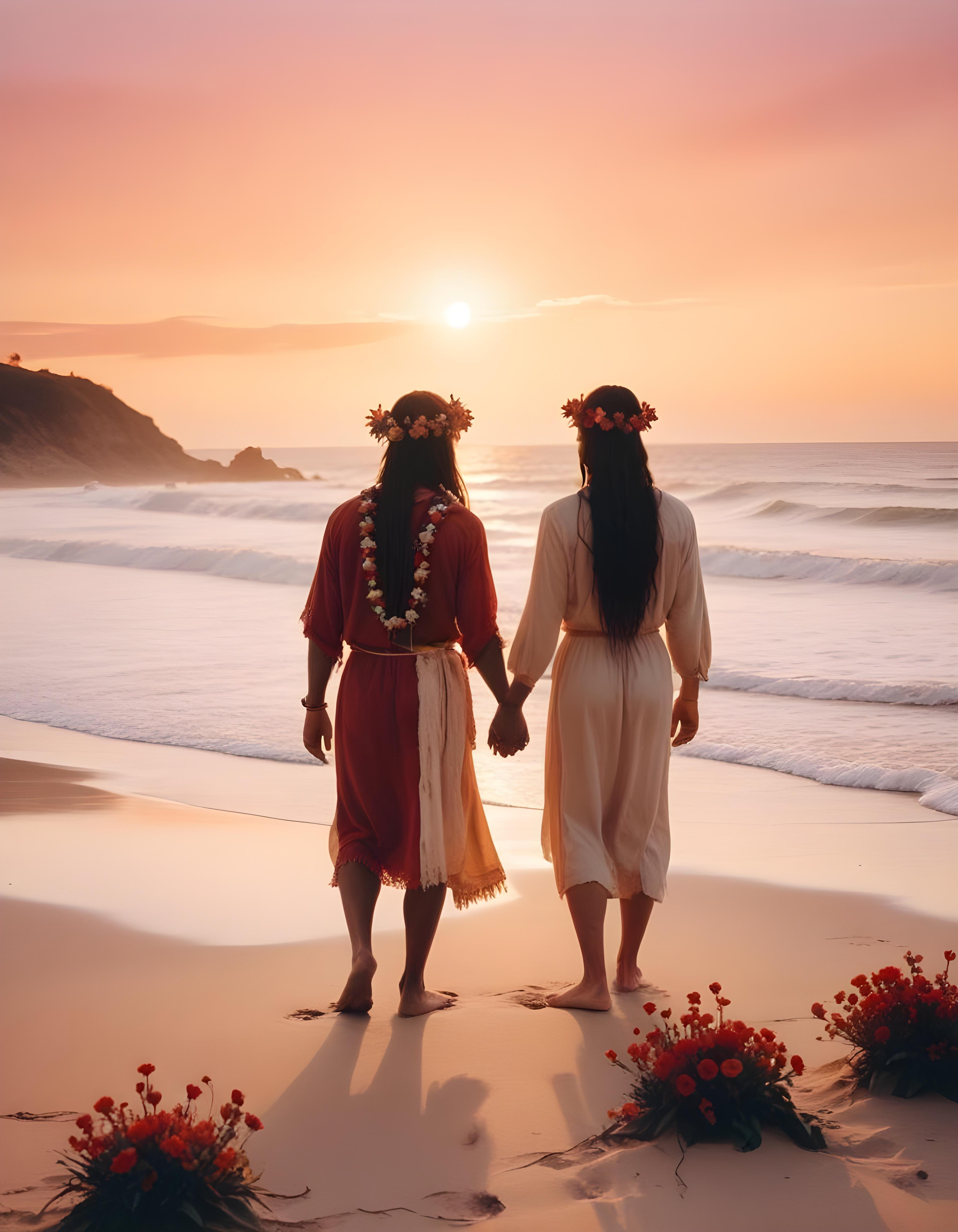 Romantic Couple Walking Together in Nature at Sunset and Moonlight Background