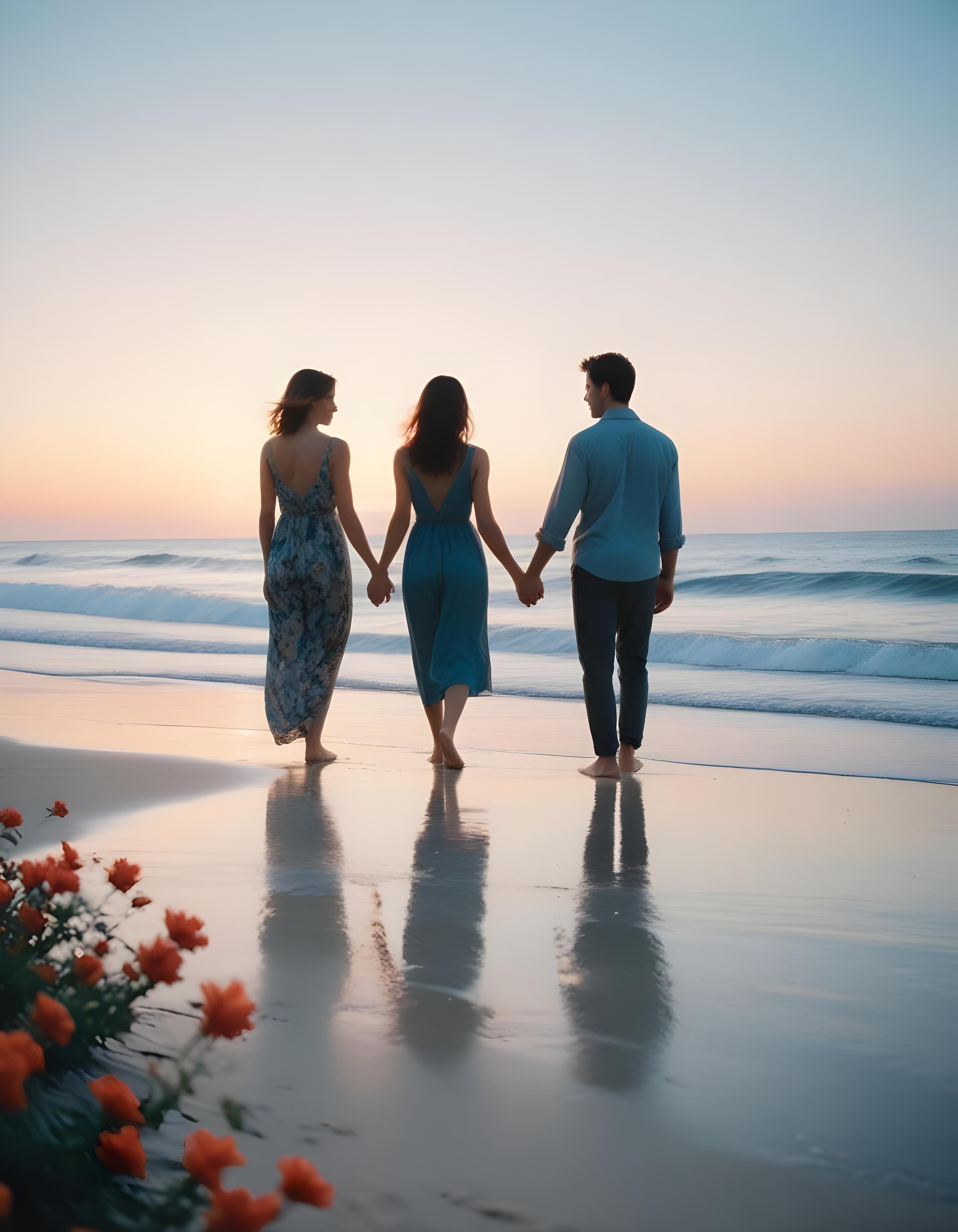 Romantic Couple Walking Together in Nature at Sunset and Moonlight Background