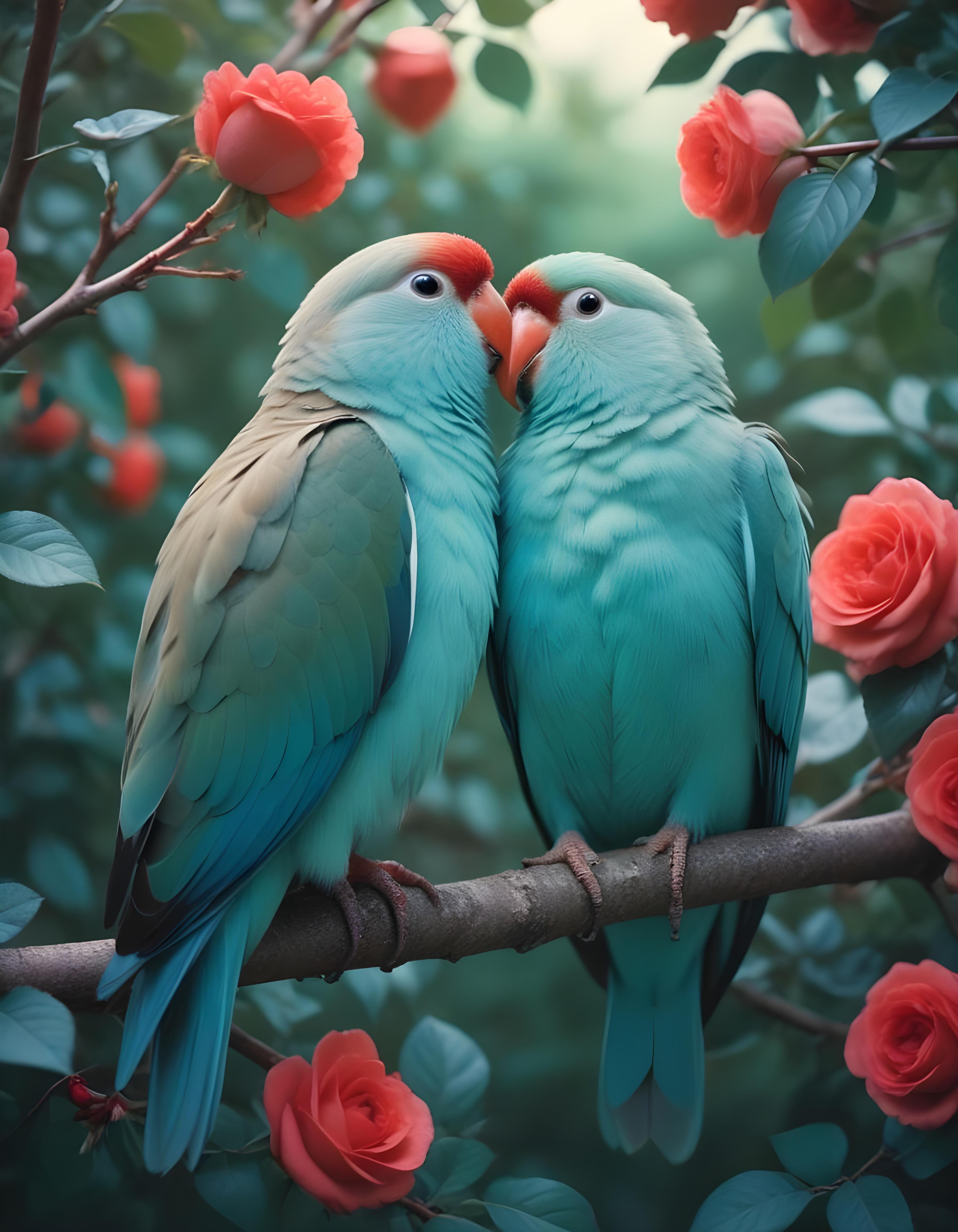Romantic Love Birds Illustration with Floral Heart Frame and Valentine Theme