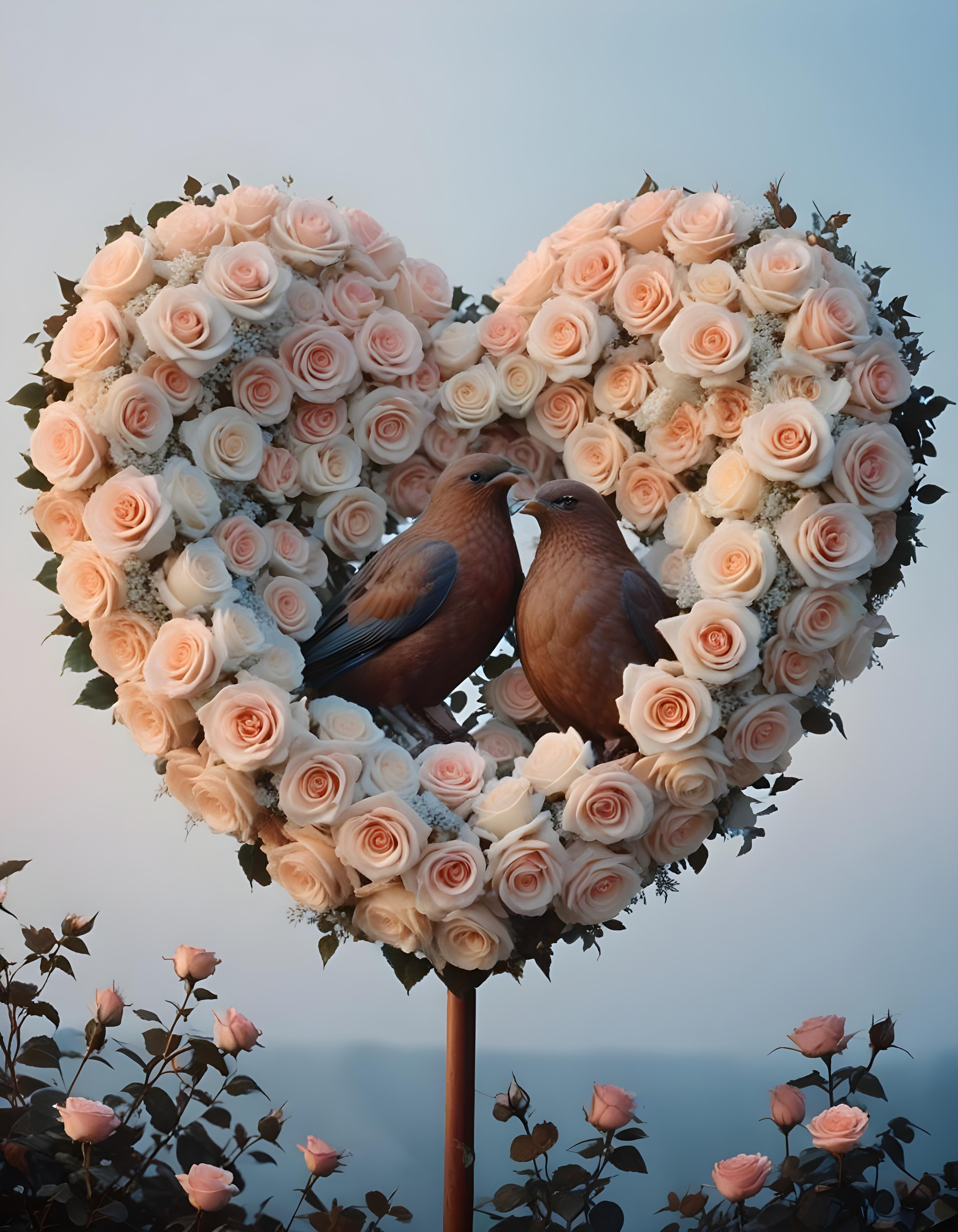 Romantic Love Birds Illustration with Floral Heart Frame and Valentine Theme