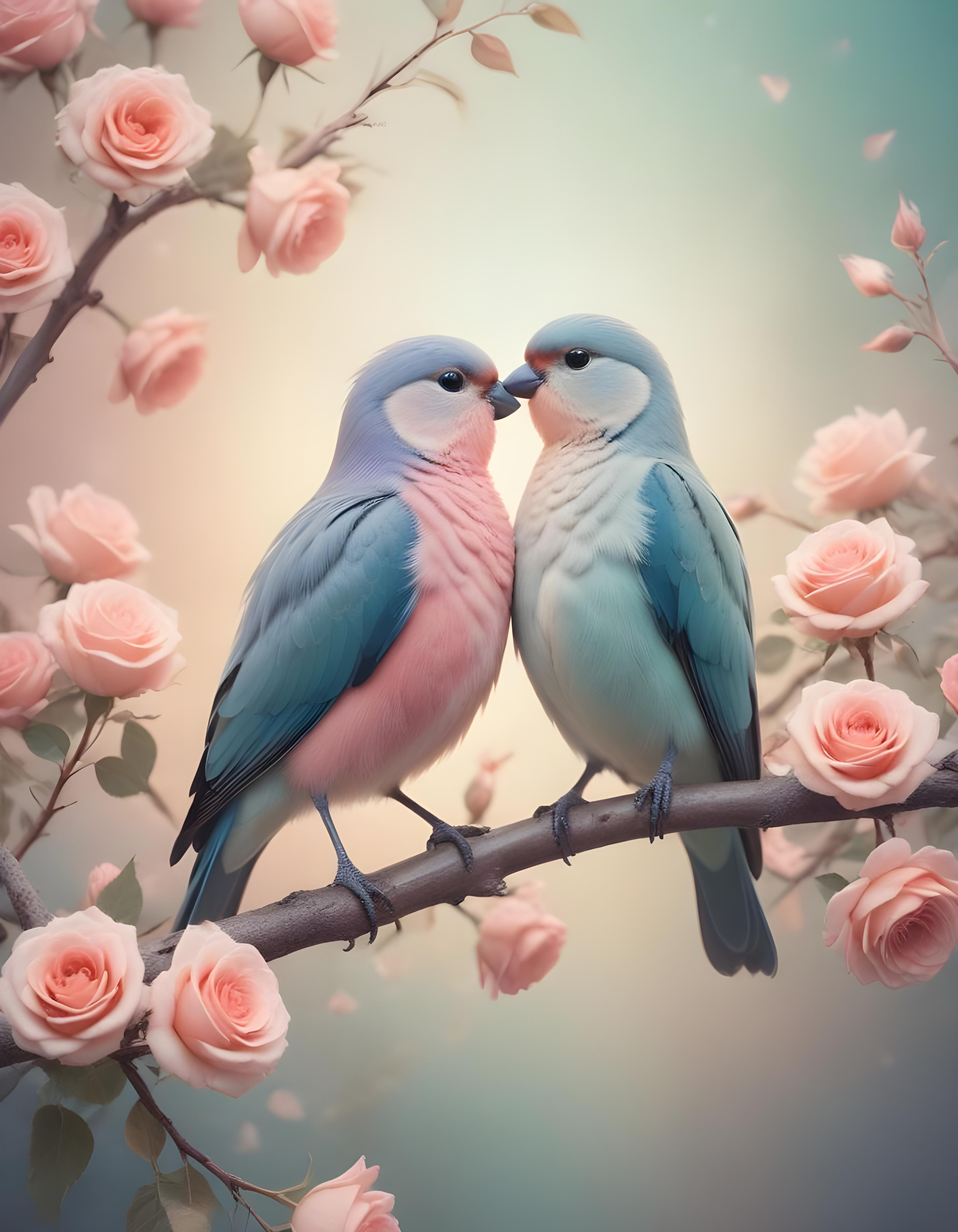 Romantic Love Birds Illustration with Floral Heart Frame and Valentine Theme