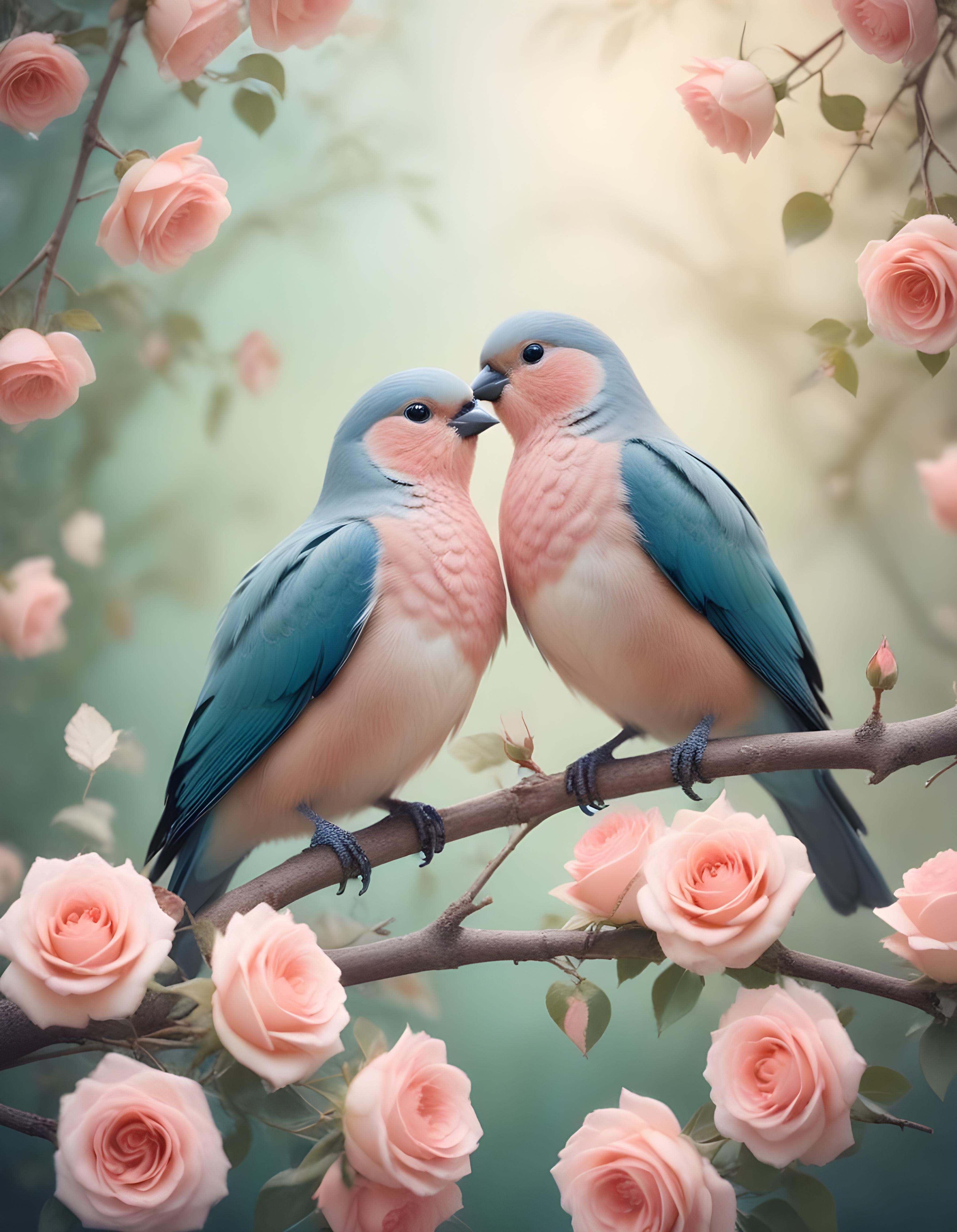 Romantic Love Birds Illustration with Floral Heart Frame and Valentine Theme