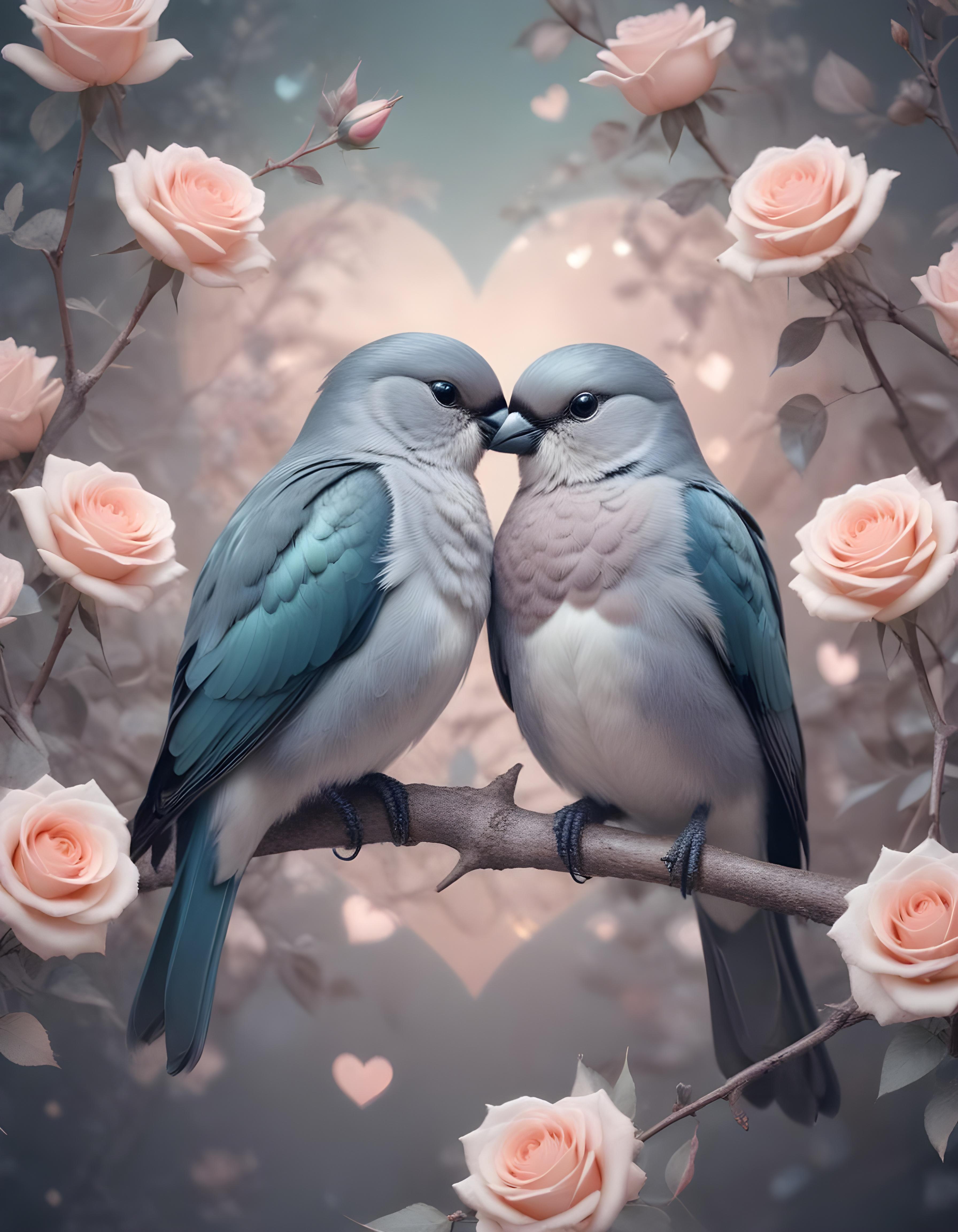 Romantic Love Birds Illustration with Floral Heart Frame and Valentine Theme