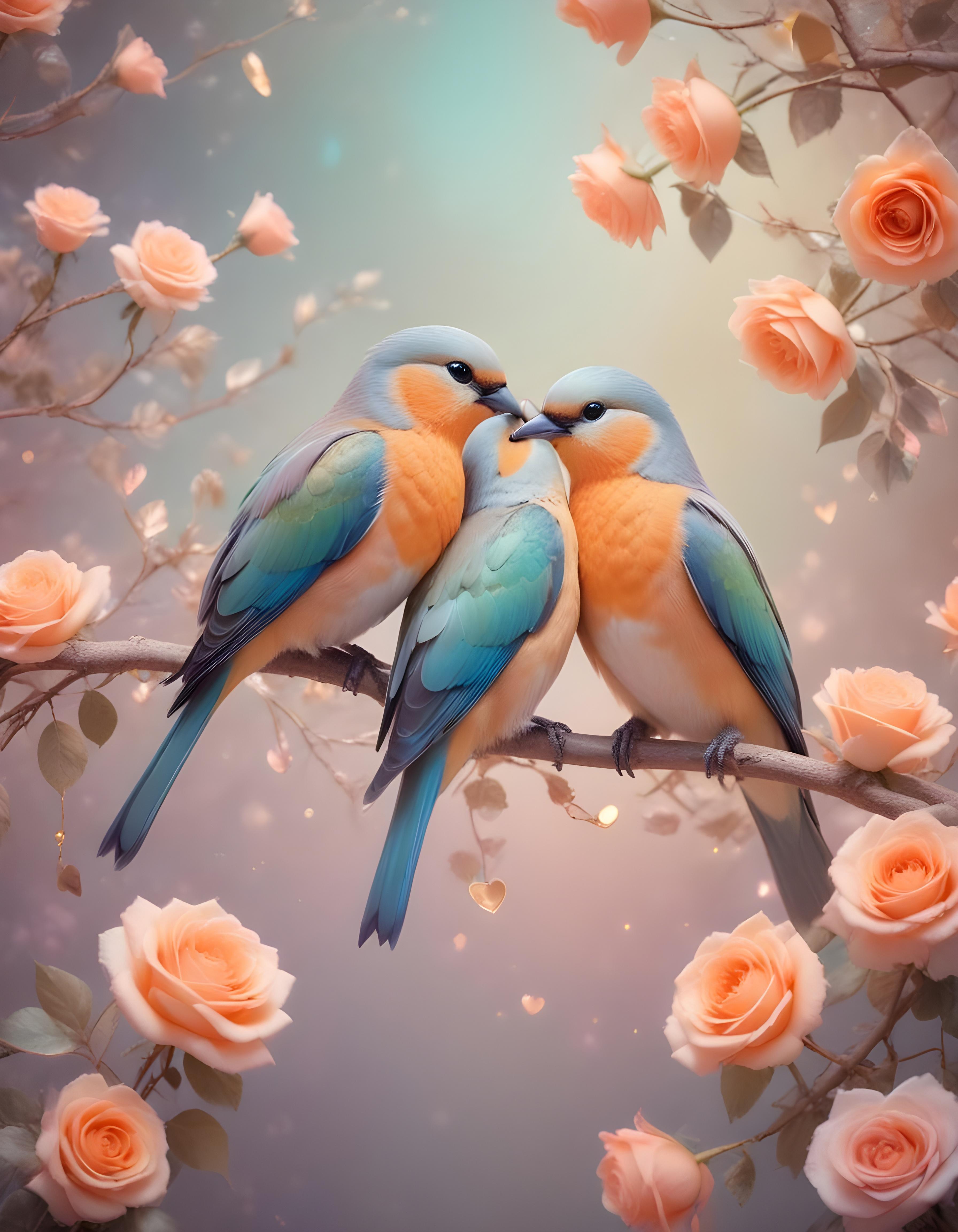 Romantic Love Birds Illustration with Floral Heart Frame and Valentine Theme