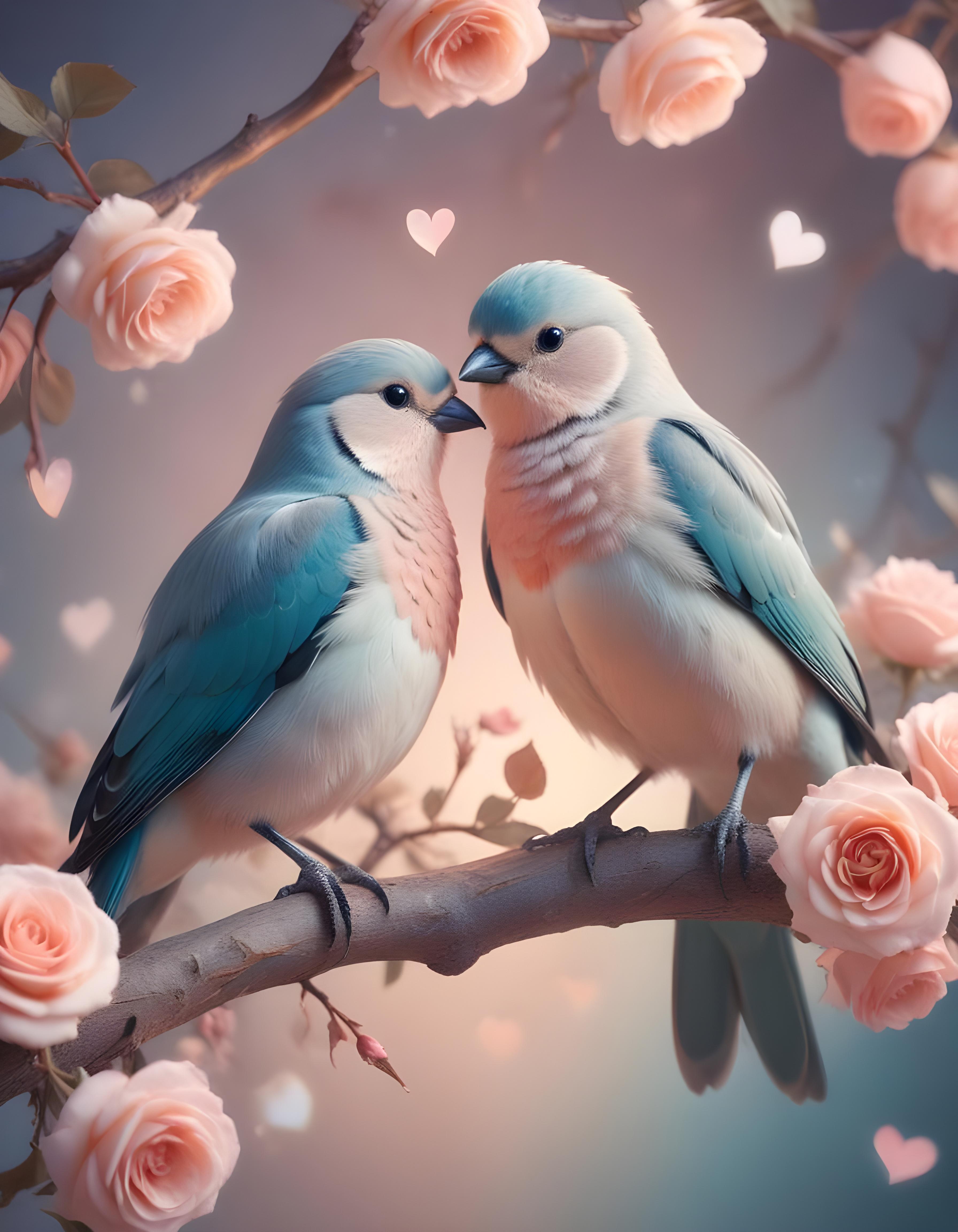 Romantic Love Birds Illustration with Floral Heart Frame and Valentine Theme