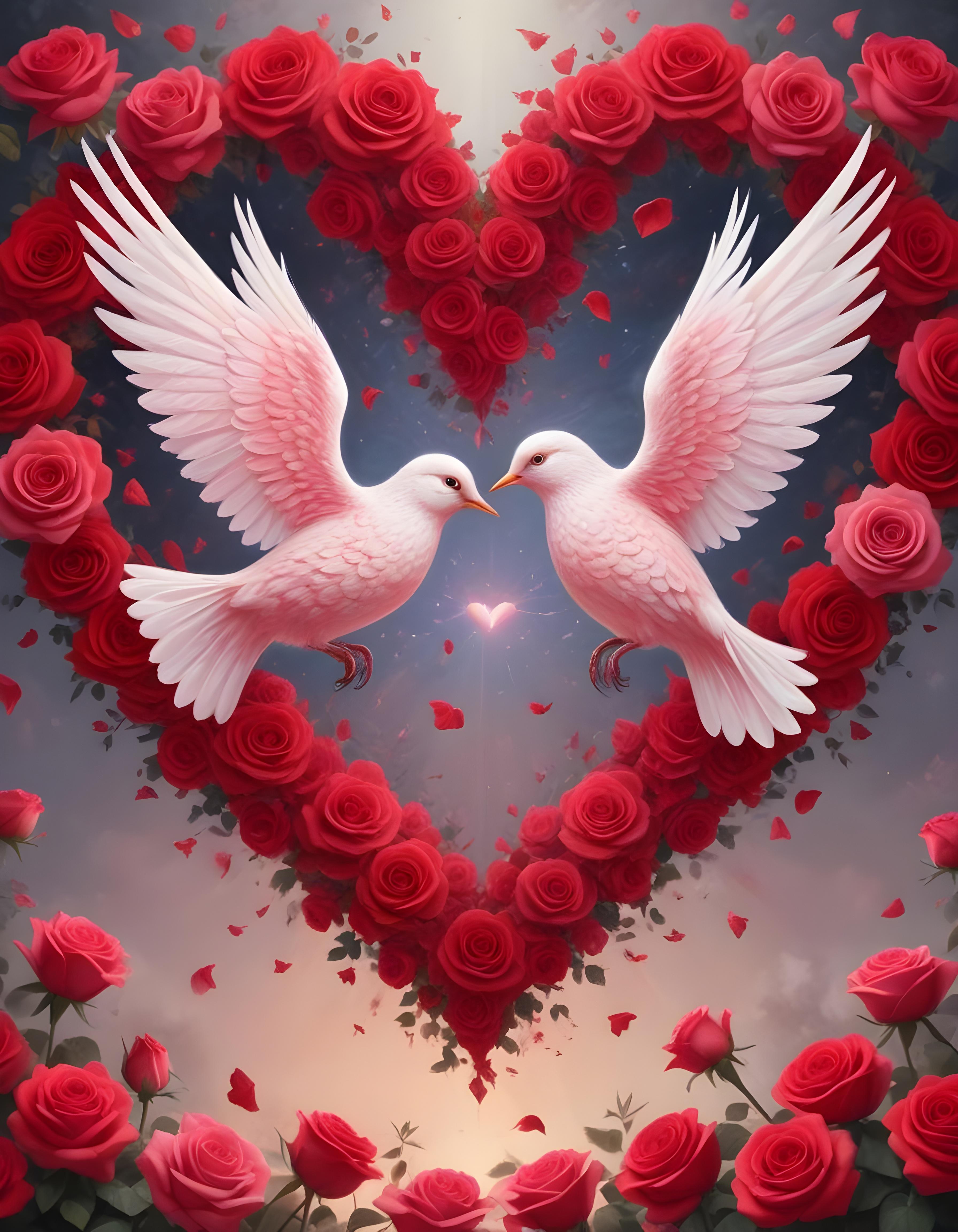 Romantic Love Birds Illustration with Floral Heart Frame and Valentine Theme
