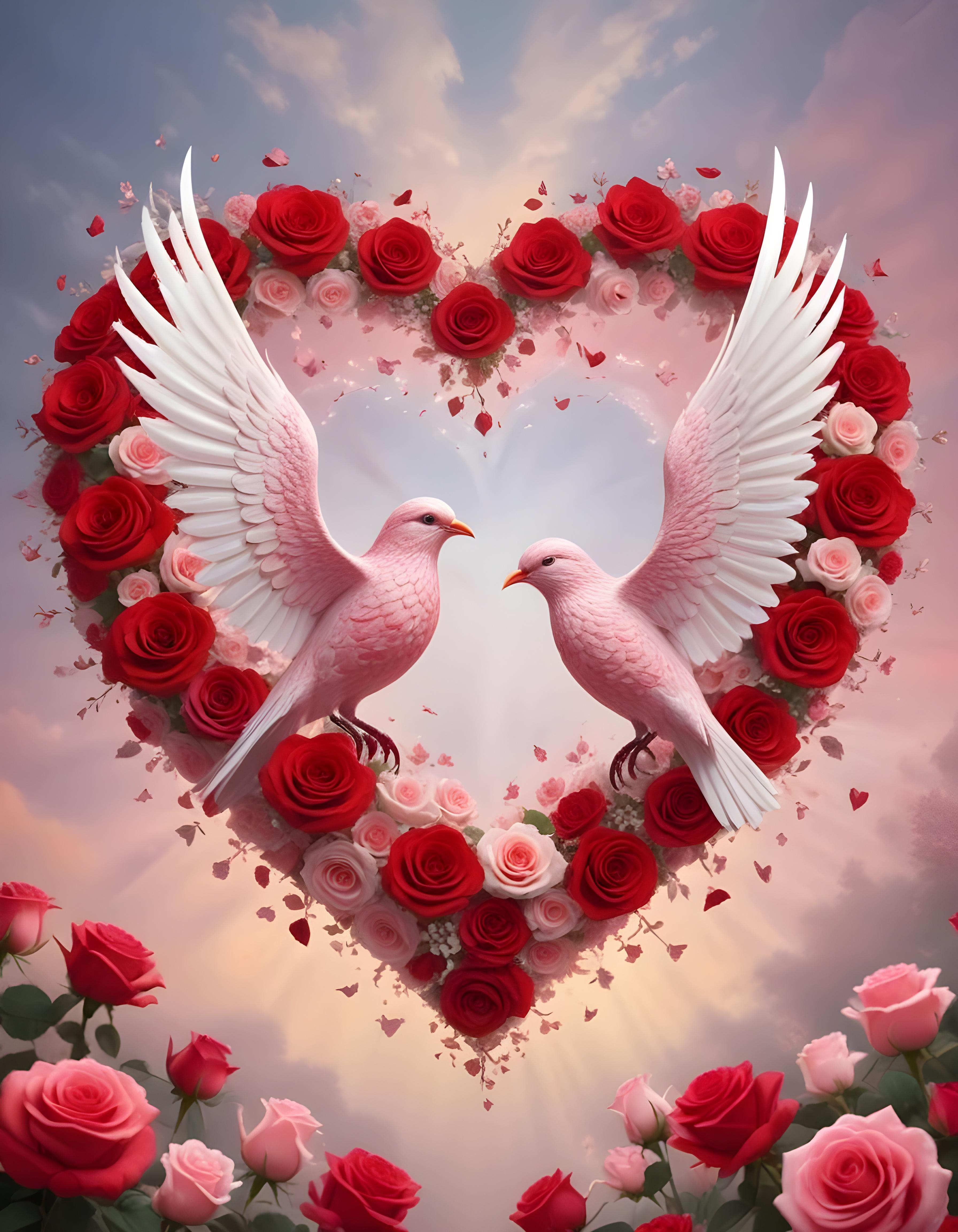Romantic Love Birds Illustration with Floral Heart Frame and Valentine Theme