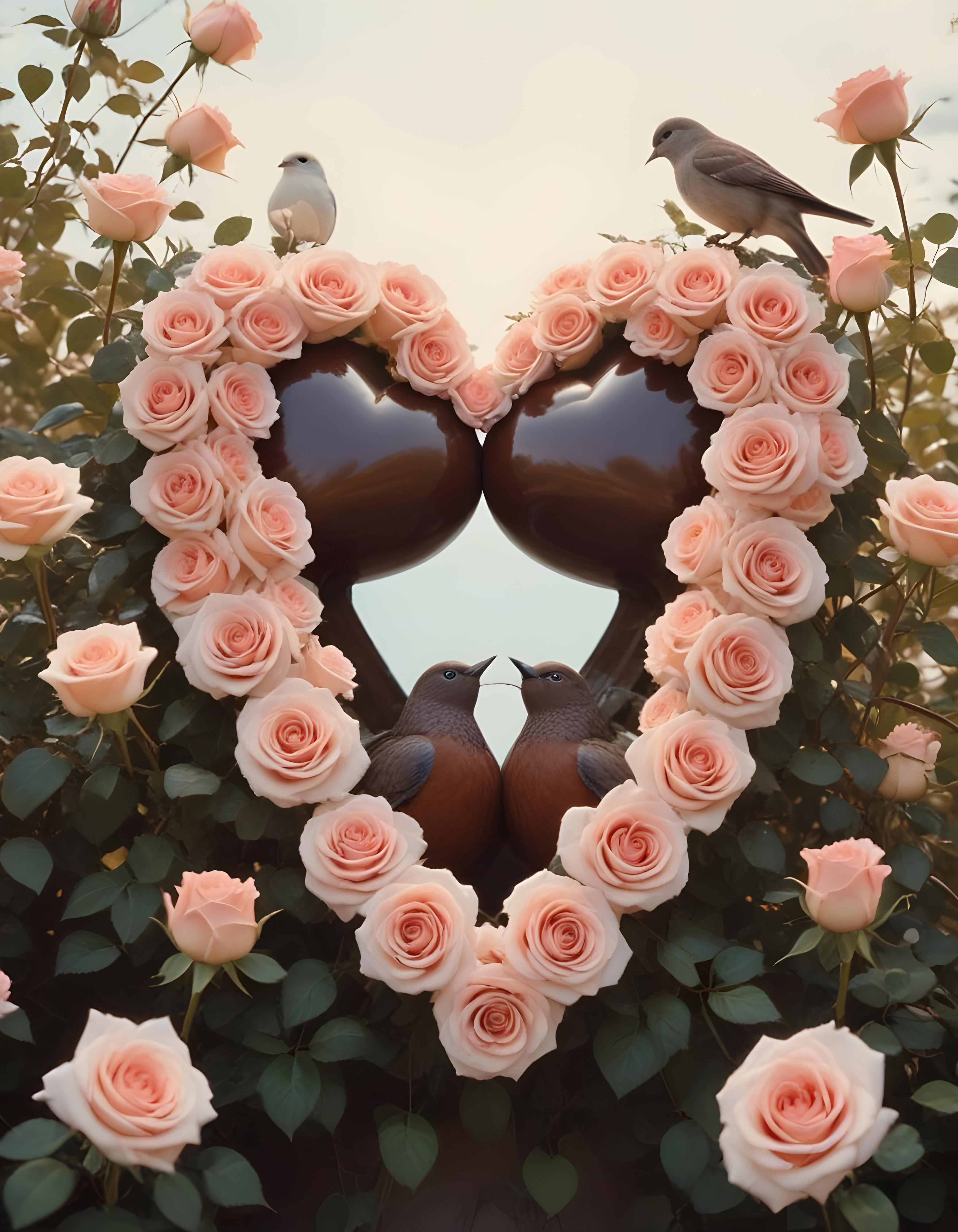 Romantic Love Birds Illustration with Floral Heart Frame and Valentine Theme