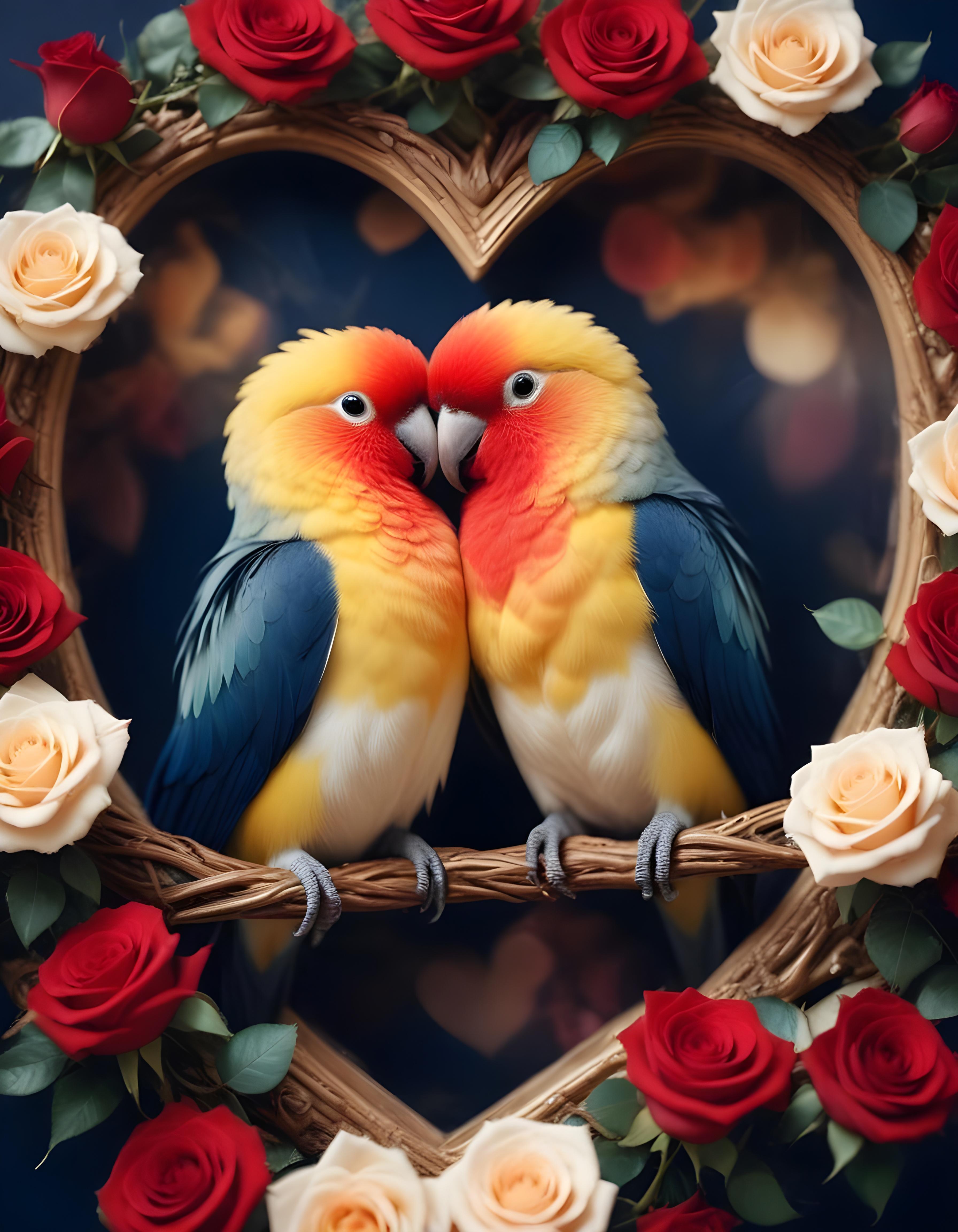Romantic Love Birds Illustration with Floral Heart Frame and Valentine Theme