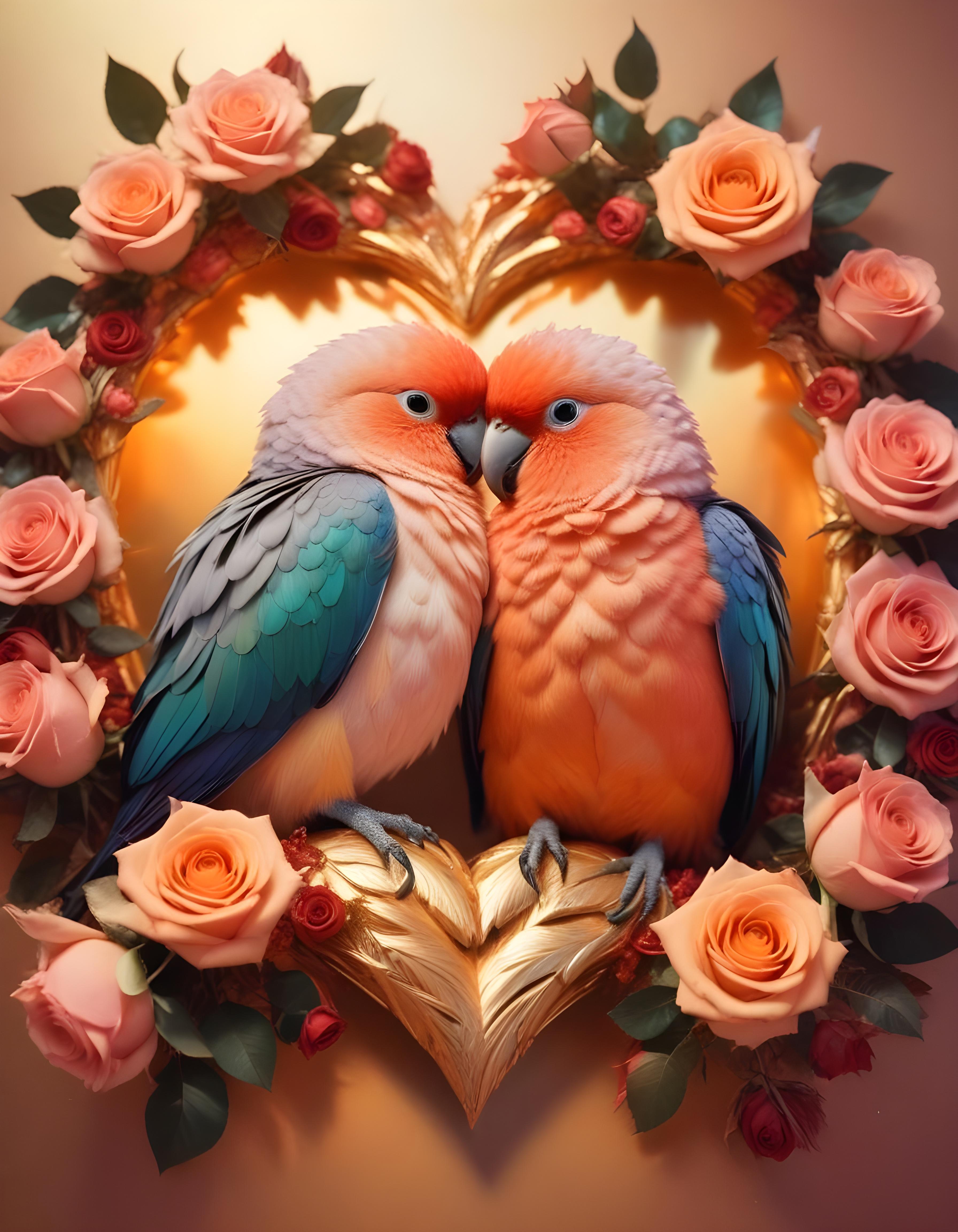 Romantic Love Birds Illustration with Floral Heart Frame and Valentine Theme