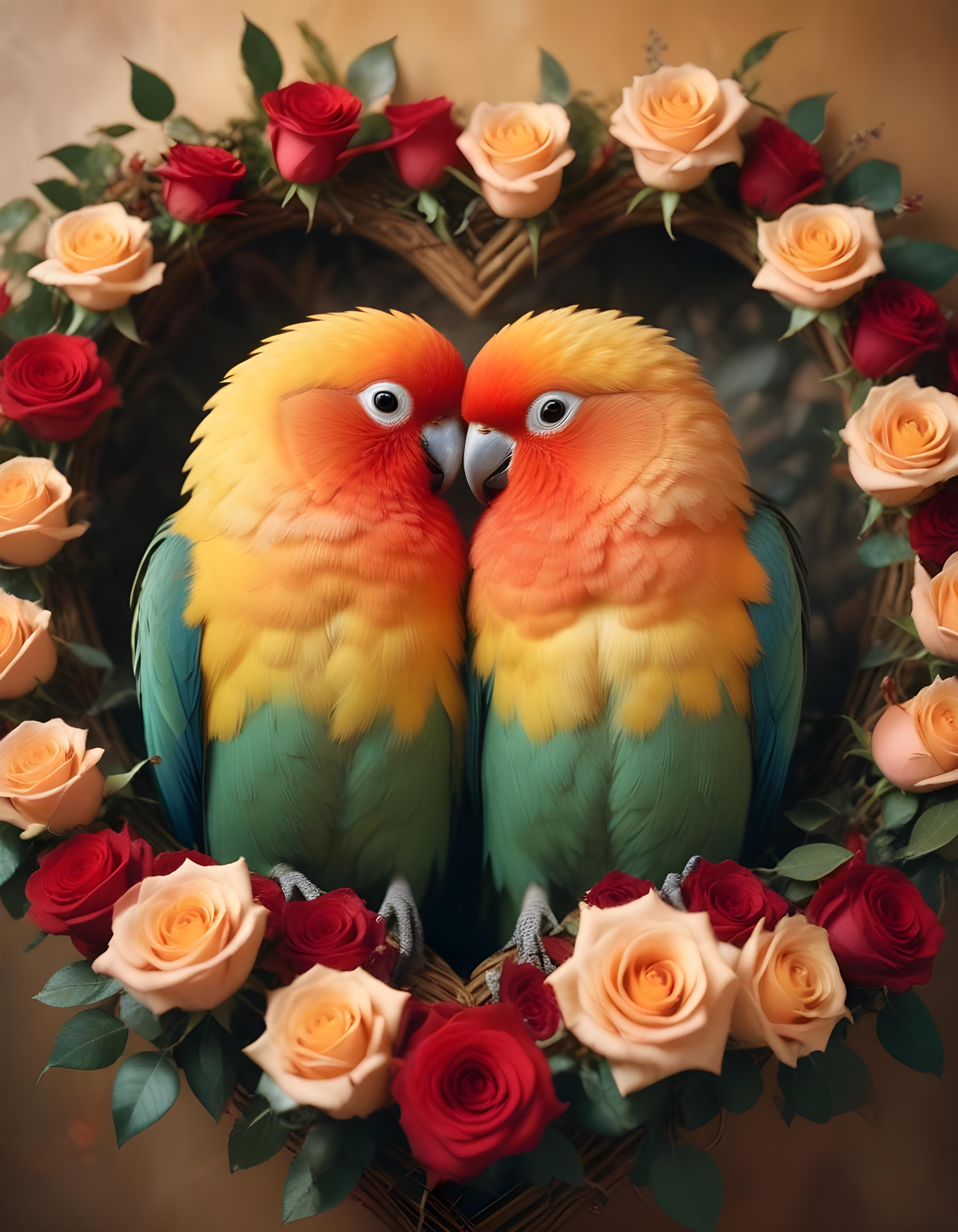 Romantic Love Birds Illustration with Floral Heart Frame and Valentine Theme