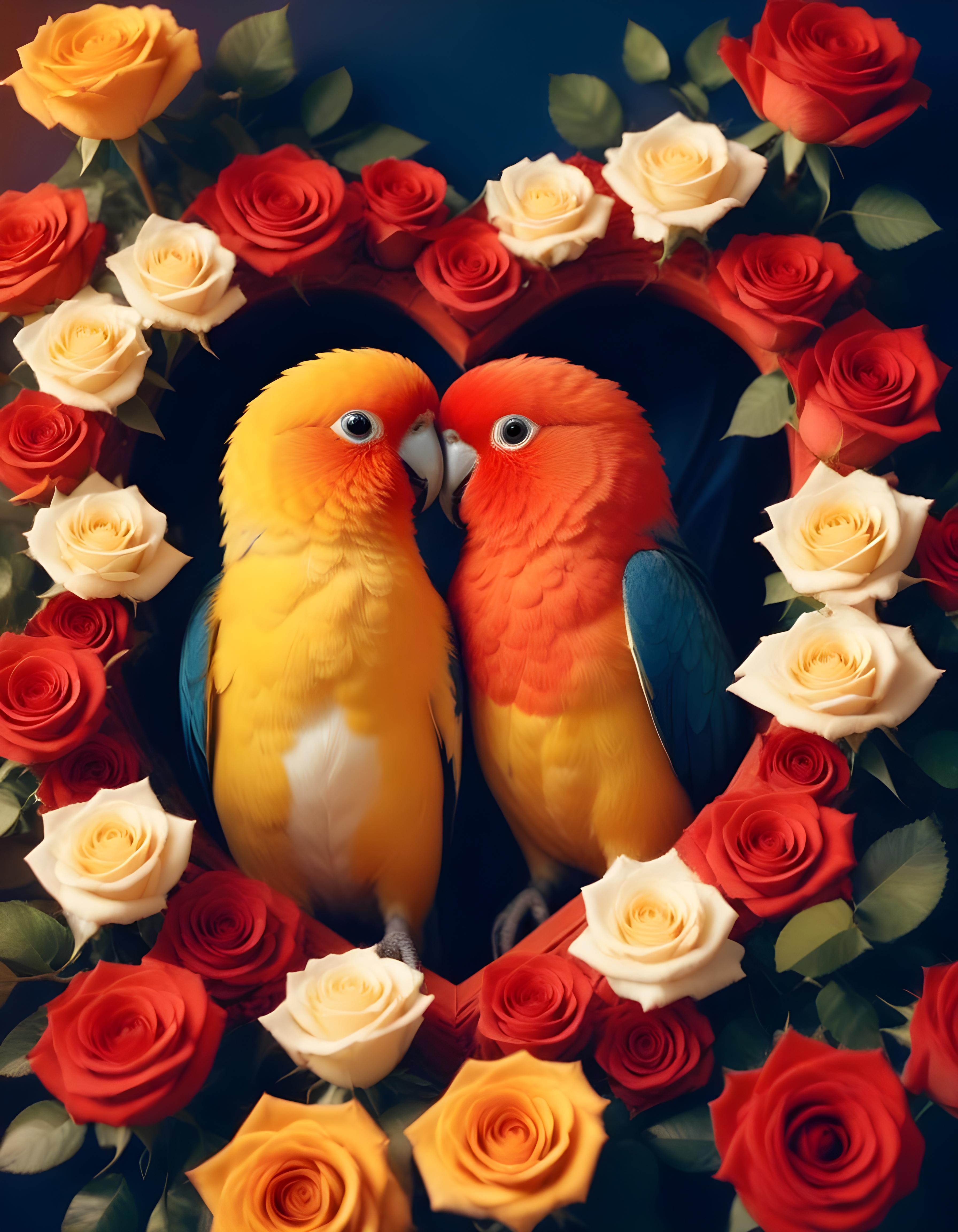 Romantic Love Birds Illustration with Floral Heart Frame and Valentine Theme