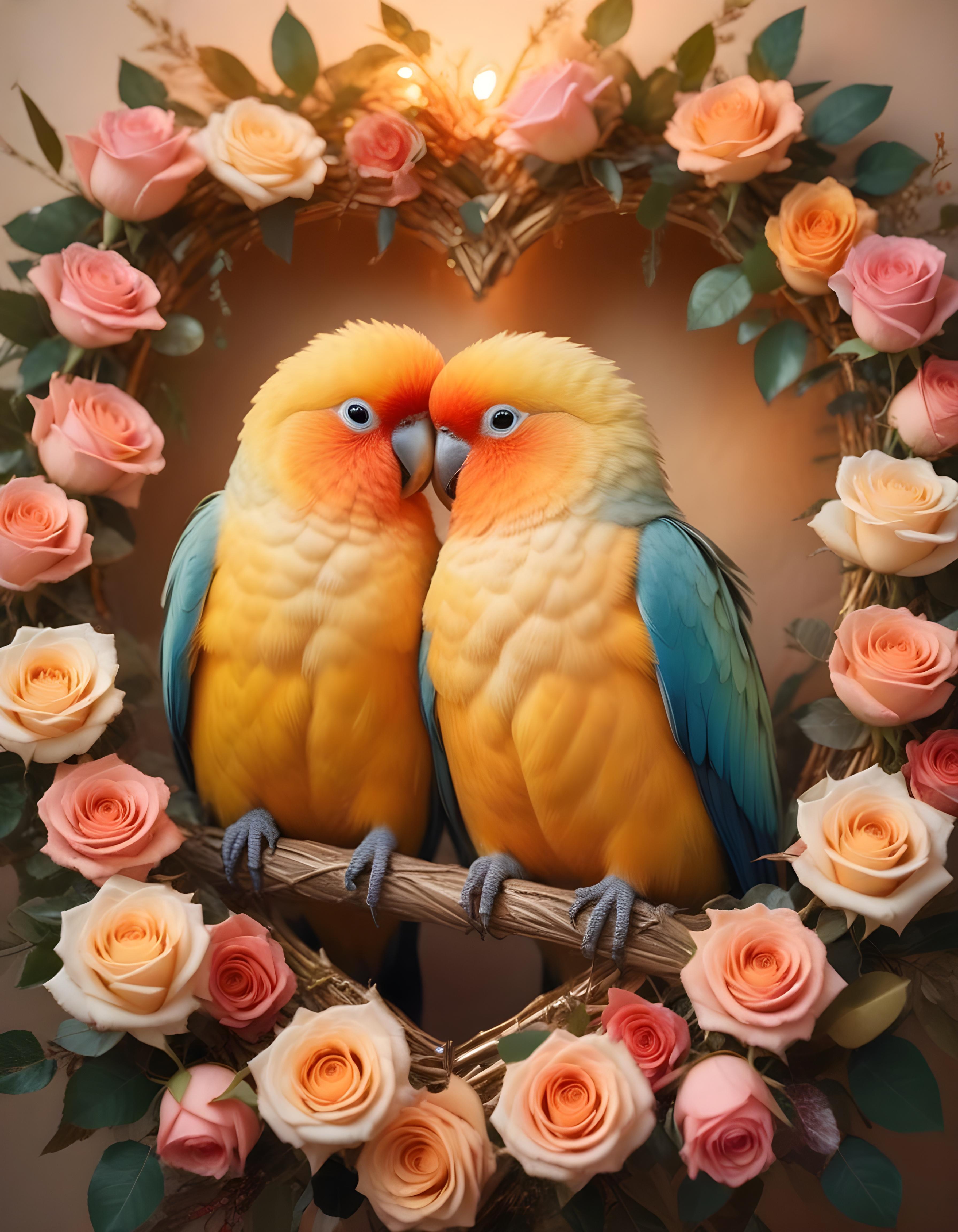 Romantic Love Birds Illustration with Floral Heart Frame and Valentine Theme