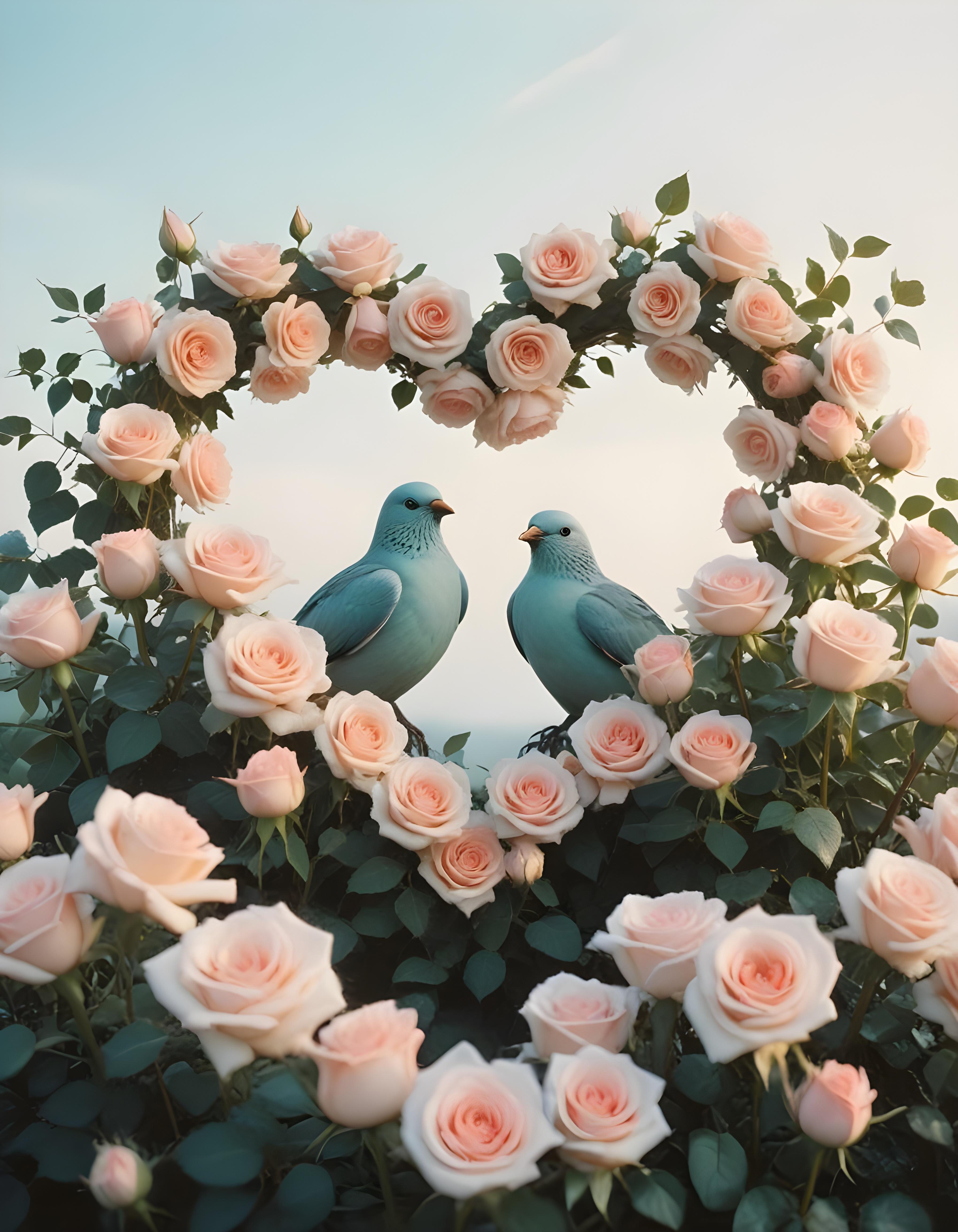 Romantic Love Birds Illustration with Floral Heart Frame and Valentine Theme