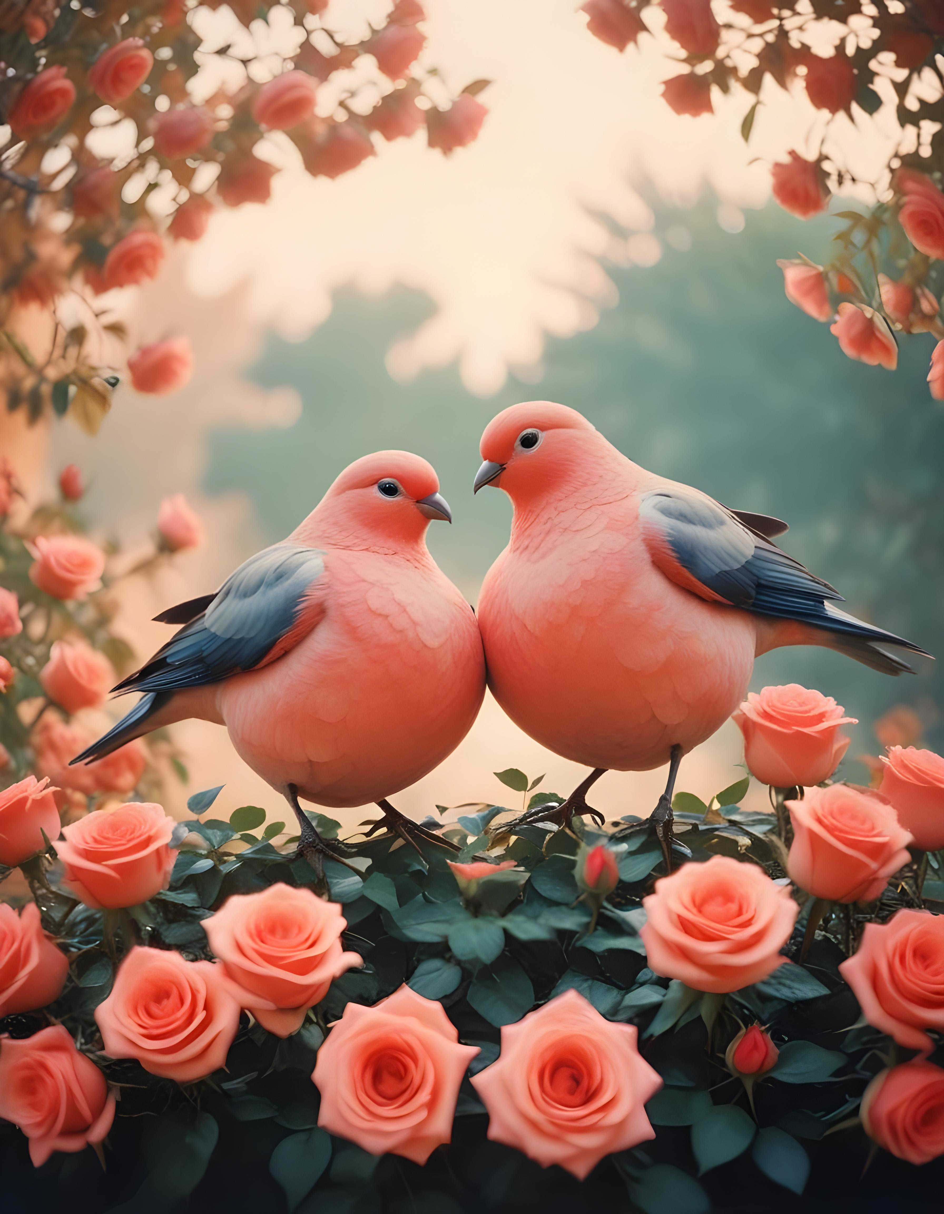 Romantic Love Birds Illustration with Floral Heart Frame and Valentine Theme