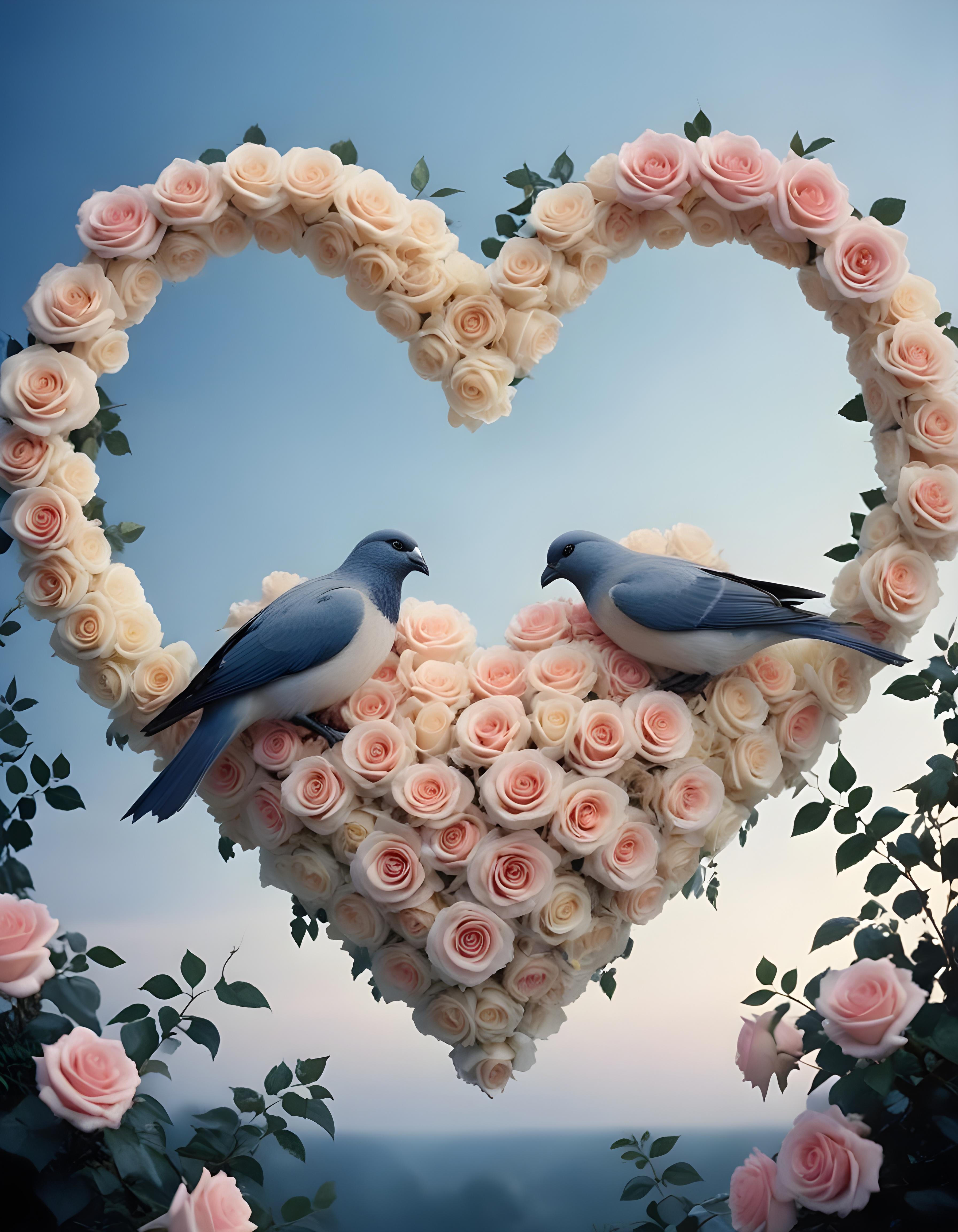Romantic Love Birds Illustration with Floral Heart Frame and Valentine Theme