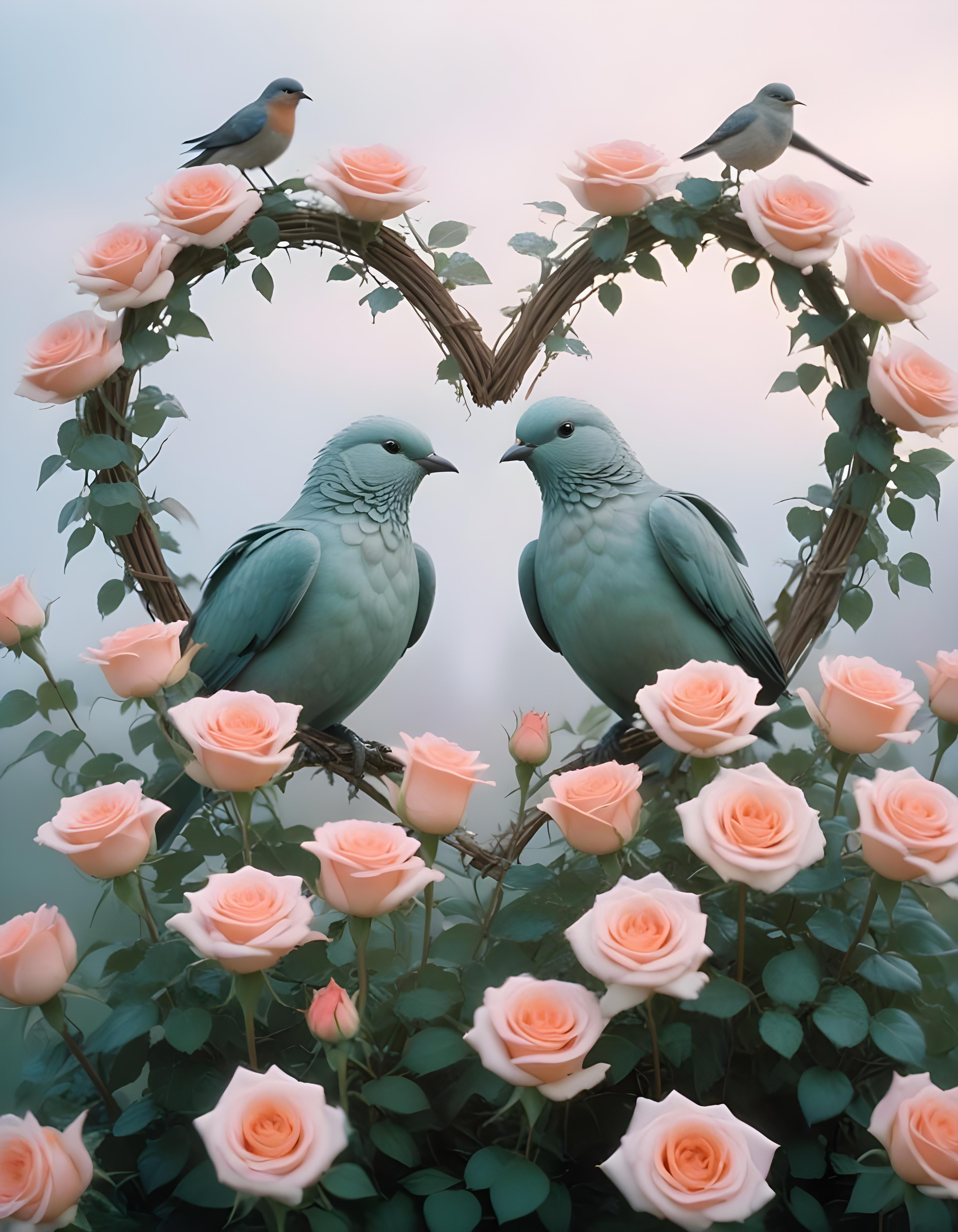 Romantic Love Birds Illustration with Floral Heart Frame and Valentine Theme