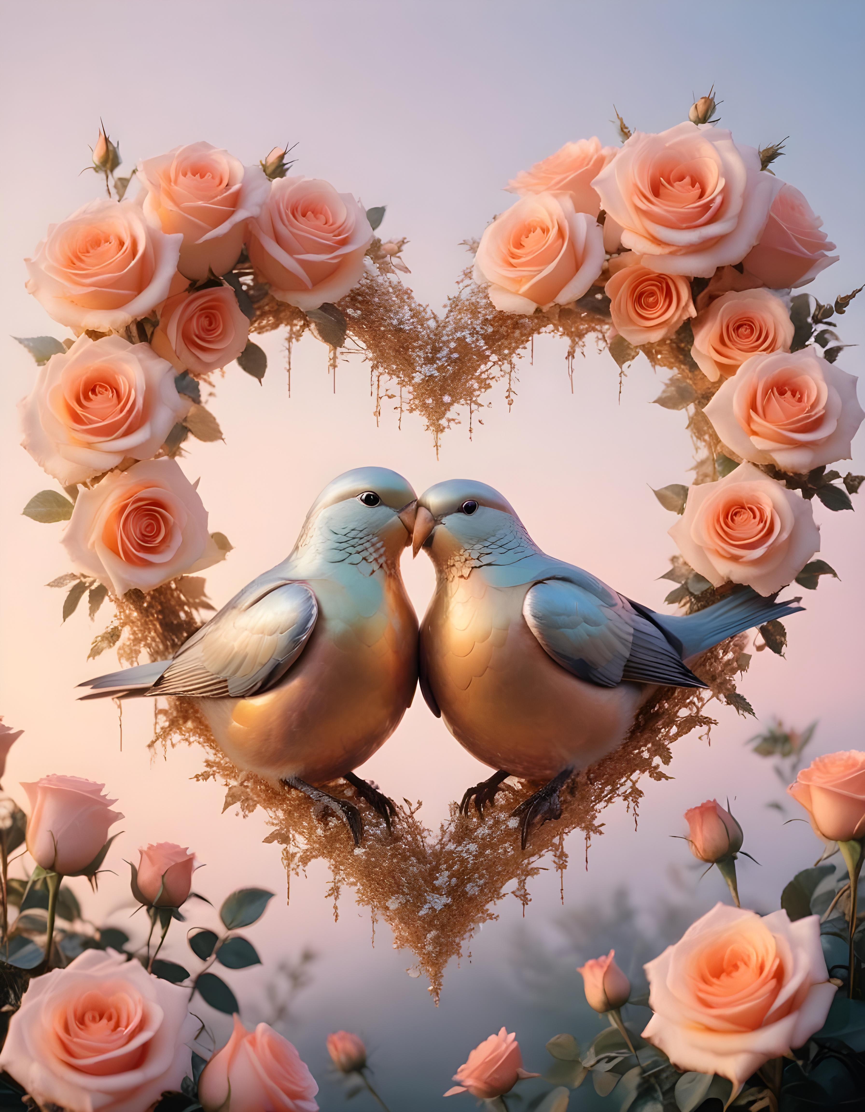 Romantic Love Birds Illustration with Floral Heart Frame and Valentine Theme