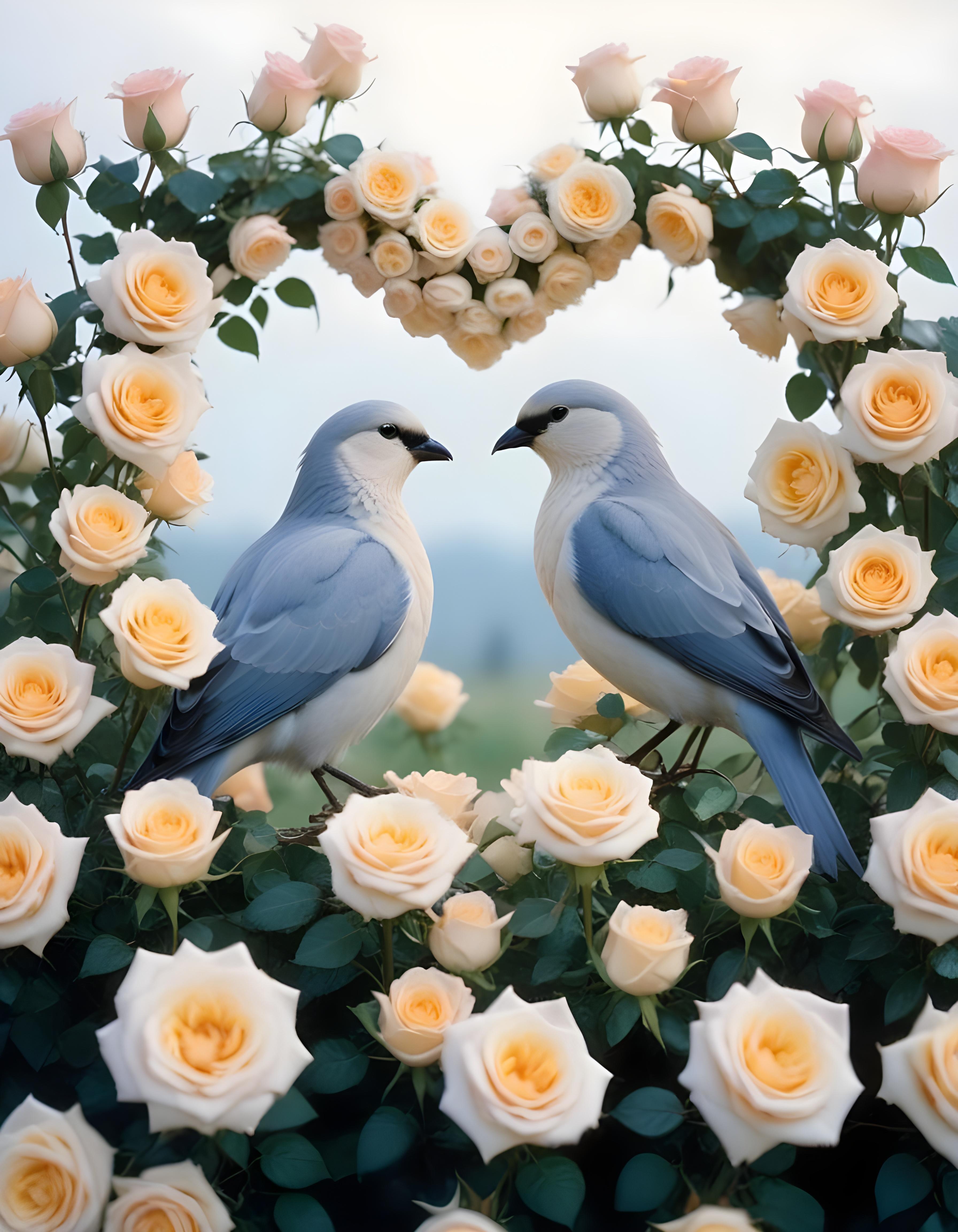Romantic Love Birds Illustration with Floral Heart Frame and Valentine Theme