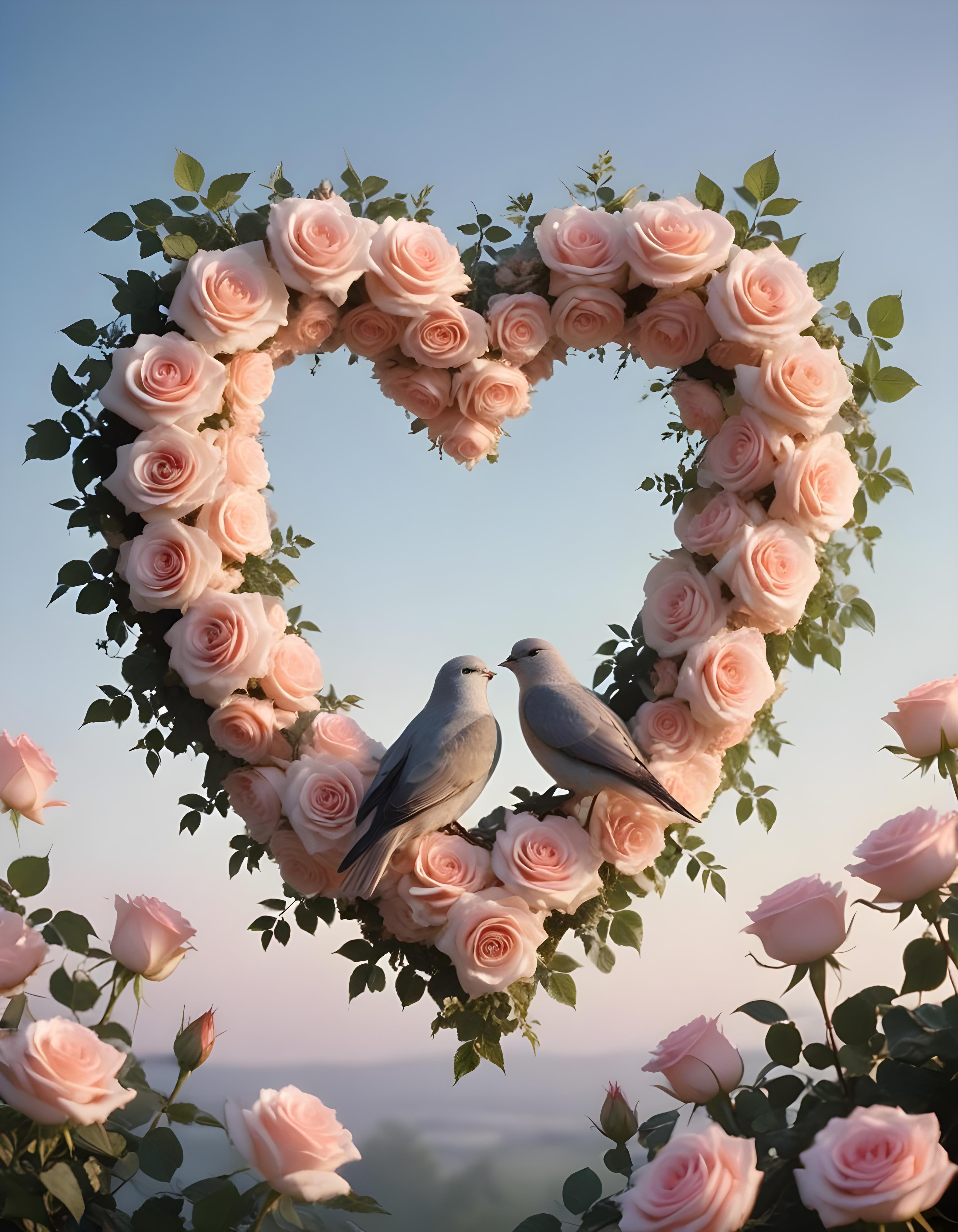 Romantic Love Birds Illustration with Floral Heart Frame and Valentine Theme