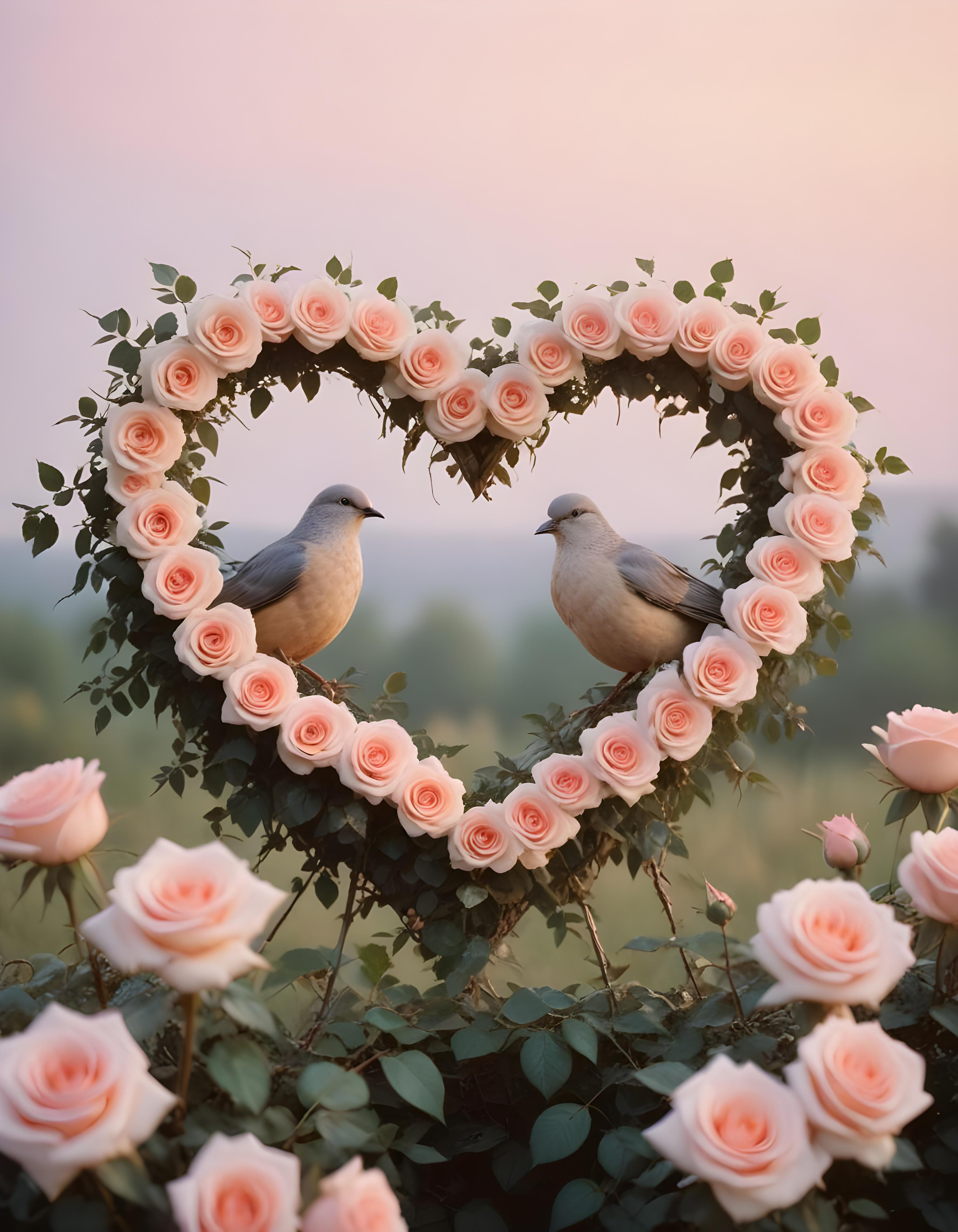 Romantic Love Birds Illustration with Floral Heart Frame and Valentine Theme
