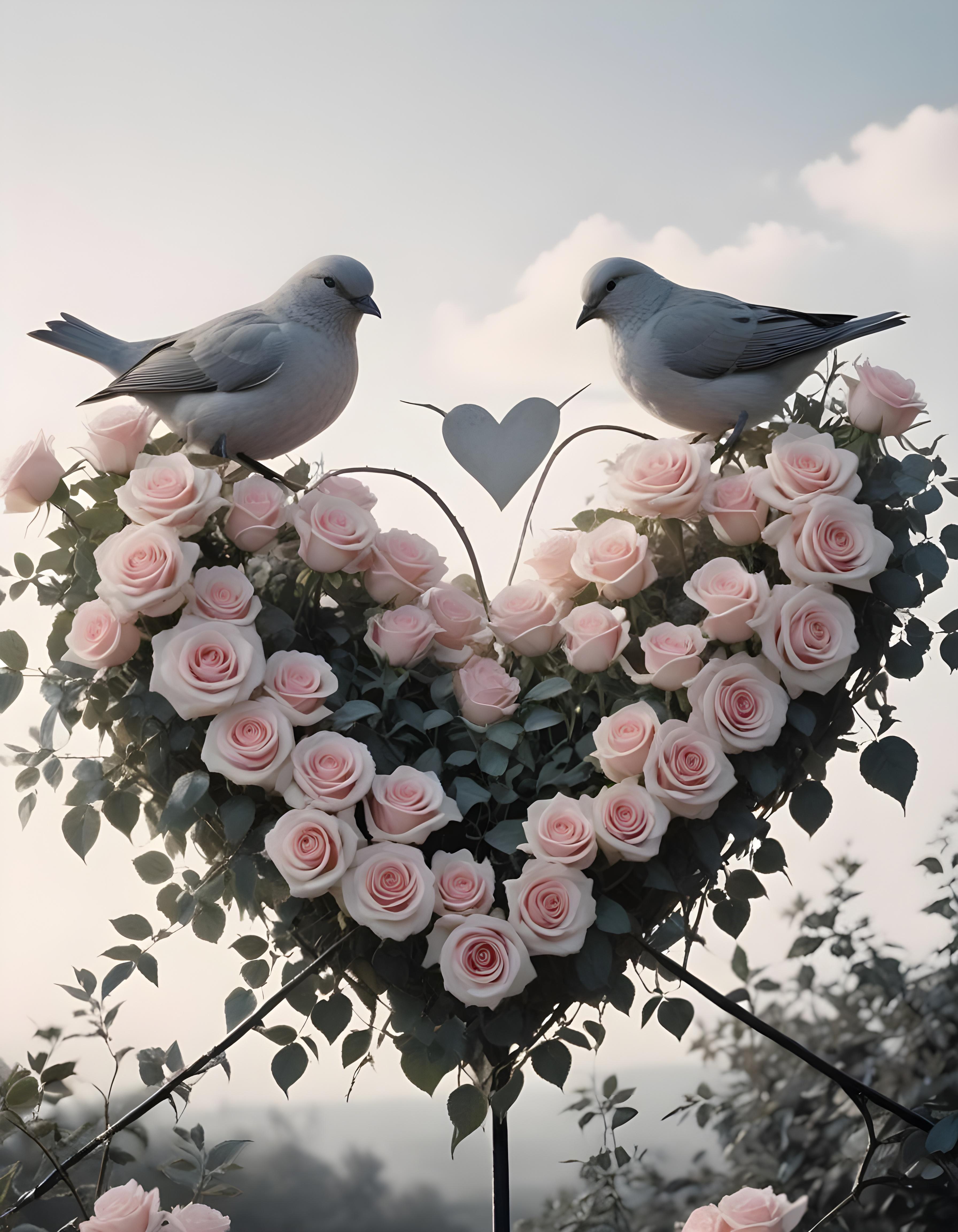Romantic Love Birds Illustration with Floral Heart Frame and Valentine Theme